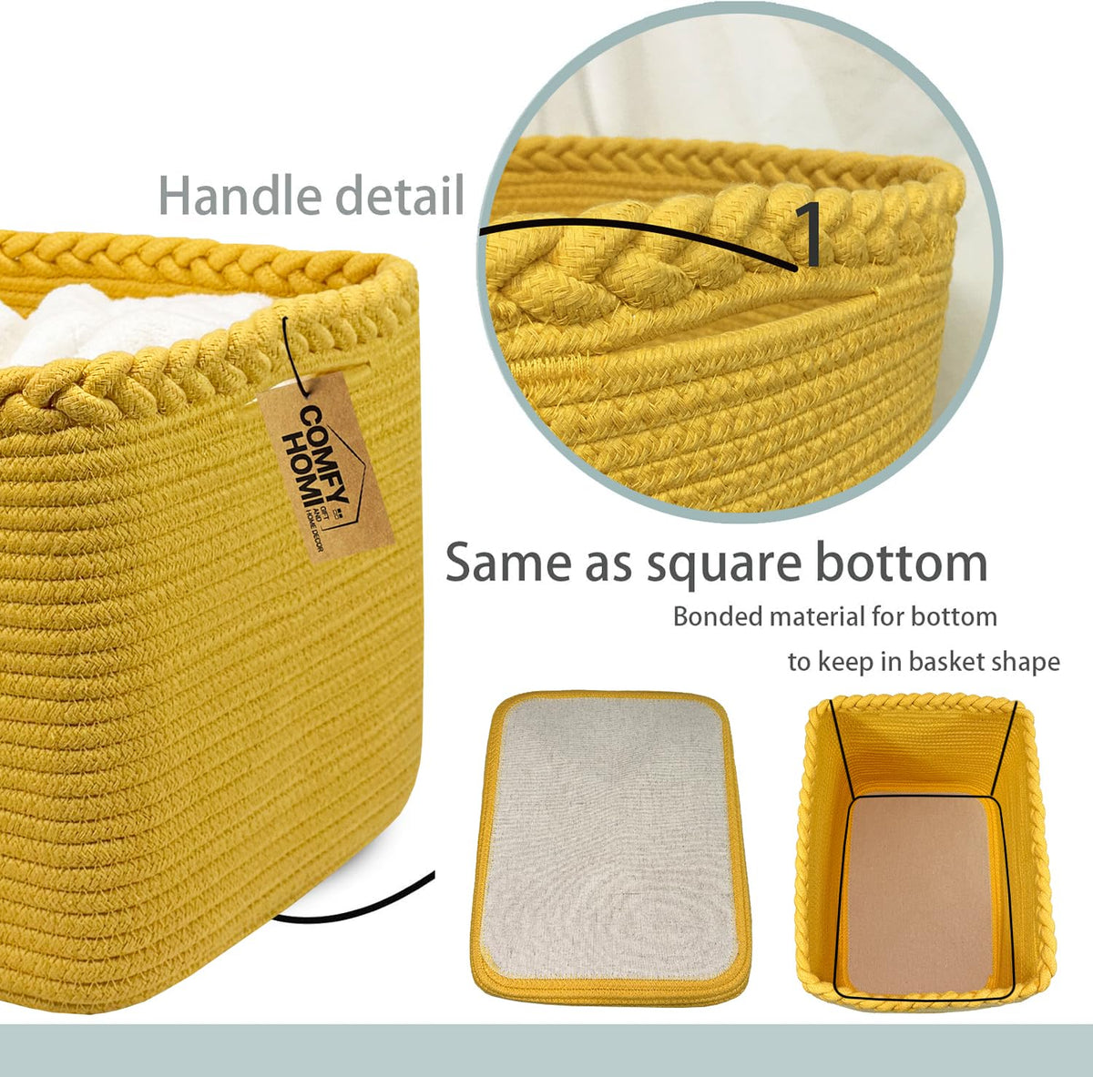 3PACK Cotton Rope Square Basket with Handles for Shelves (3 Count)