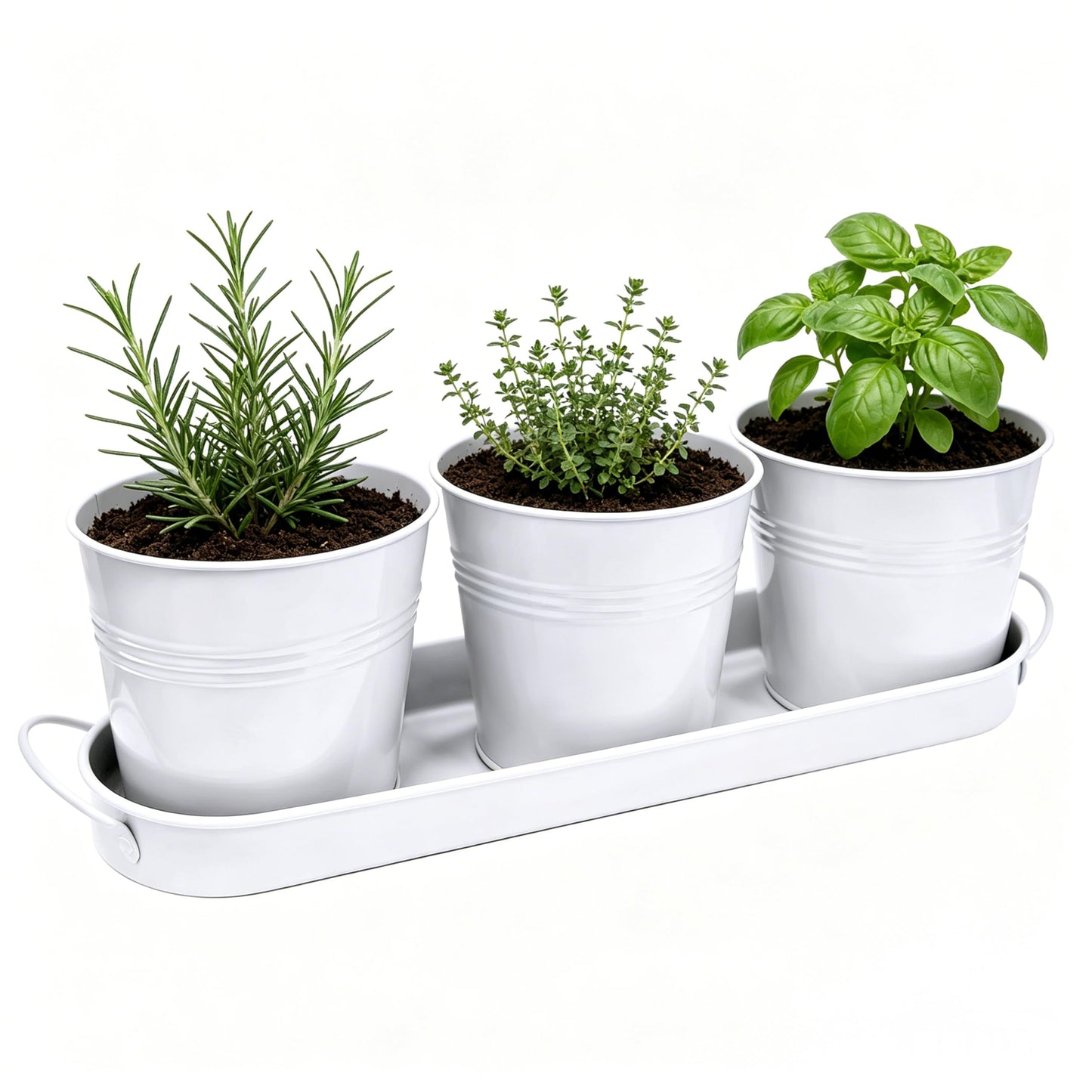 TCBWFY Indoor Herb Garden Planter Set - 3 Pack 4.7" White Metal Plant Pots with Drainage Holes & Removable Tray - Windowsill Kitchen Counter Balcony Office Garden