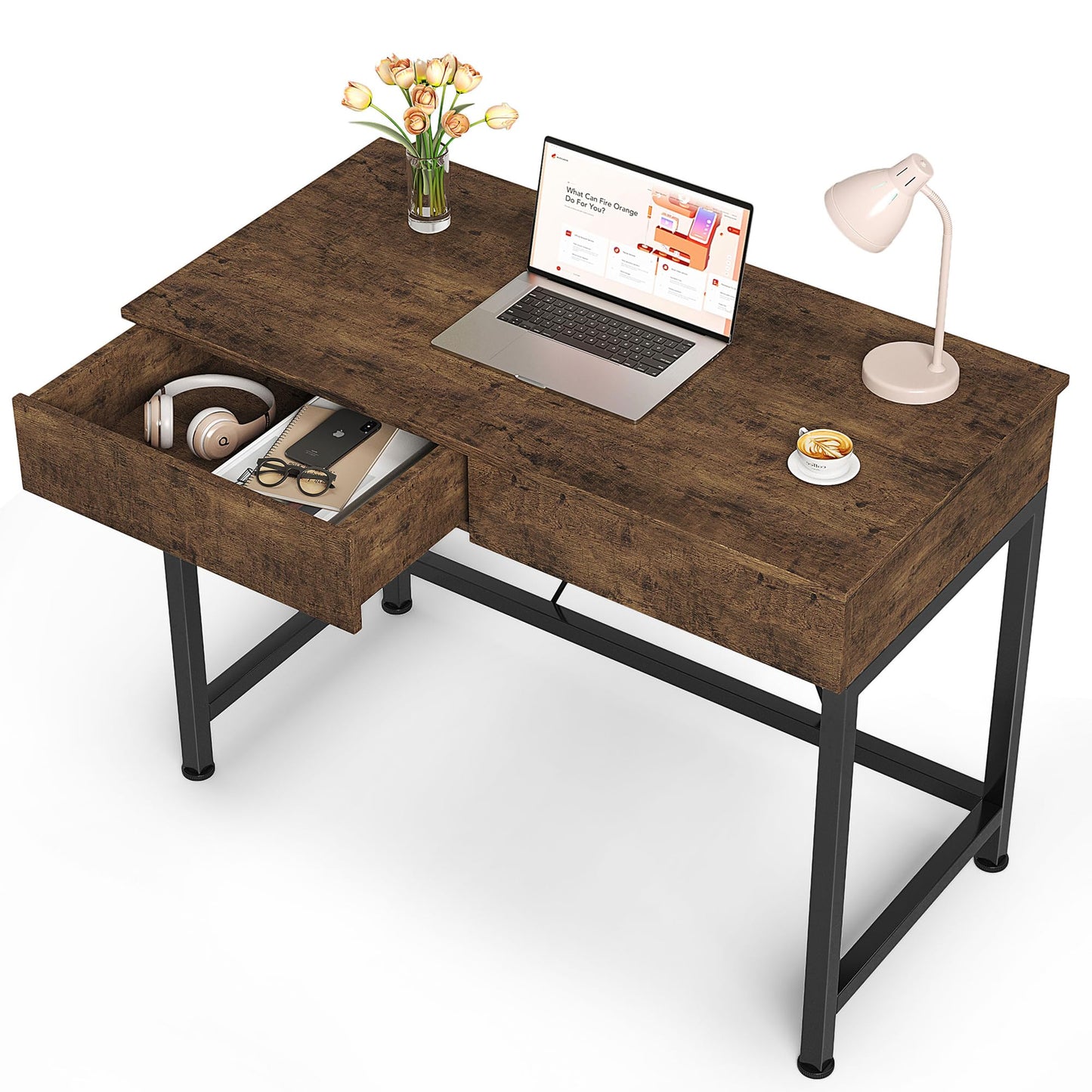 Mexin Small Desk with 2 Wooden Drawers, 40 Inch Home Office Writing Desk, Vanity Desk with Storage, Computer Desk for Bedroom Small Spaces, Table for Office, Kids Study, Makeup, Rustic Brown