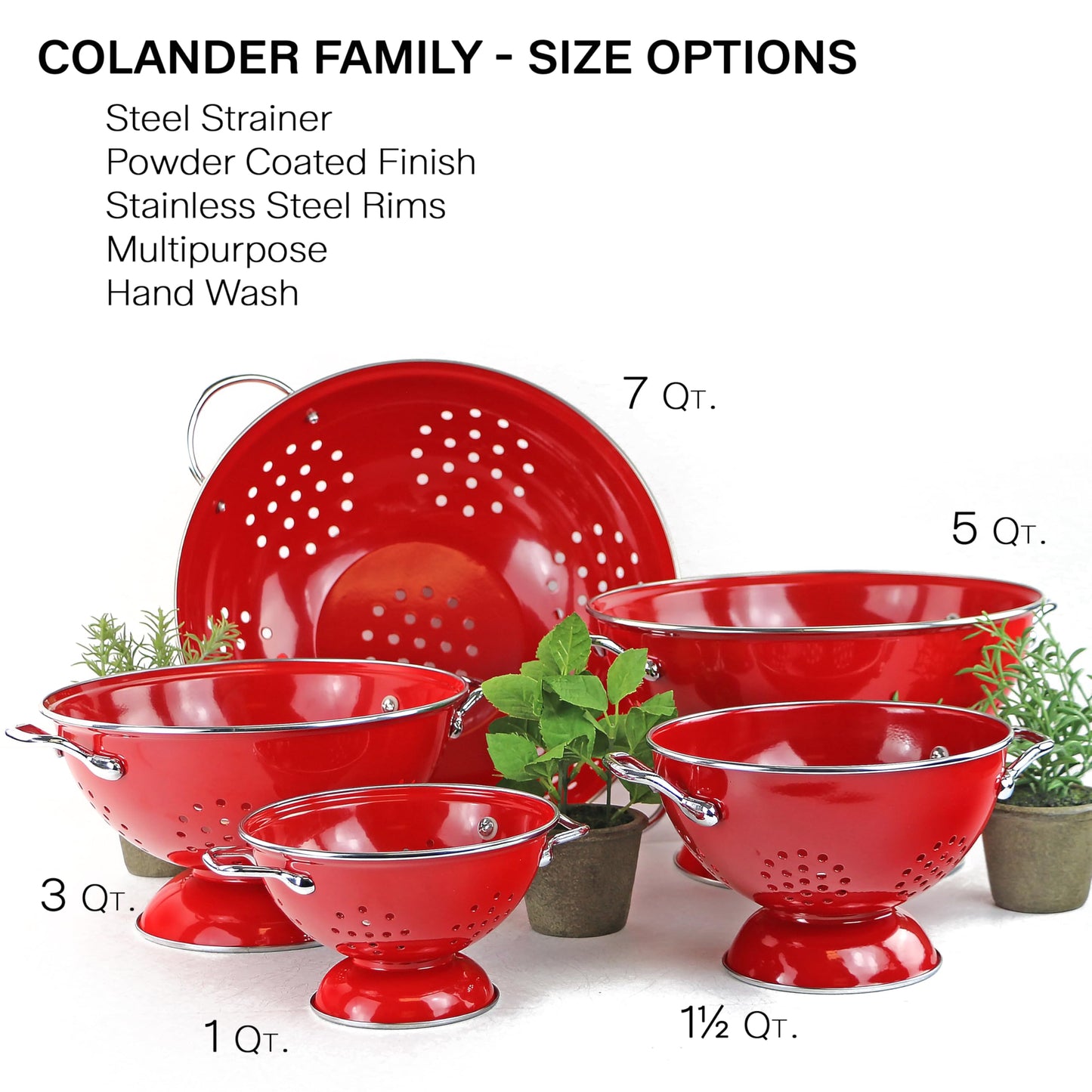Reston Lloyd, 3 Quart Powder Coated Steel Kitchen Strainer Basket for draining Pasta, Vegetable and Fruit, Chrome Handles and Wide Stable Base, Red