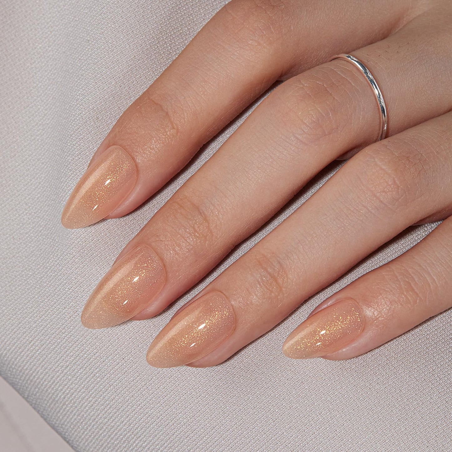 VSALON Short Almond, Gold Nude Shimmer Sparkly Press On Nails Fake Nails & UV Glue for Press On Nails