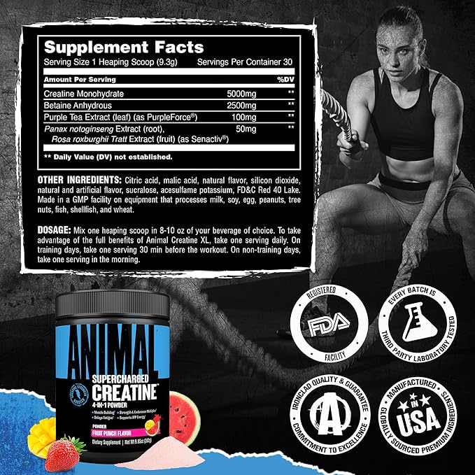 Animal Supercharged Creatine Powder - Flavored Creatine Monohydrate Enhanced with Betaine Anhydrous, PurpleForce & Senactiv, Strength, Endurance, Muscle Recovery for Men and Women – Fruit Punch, 300g