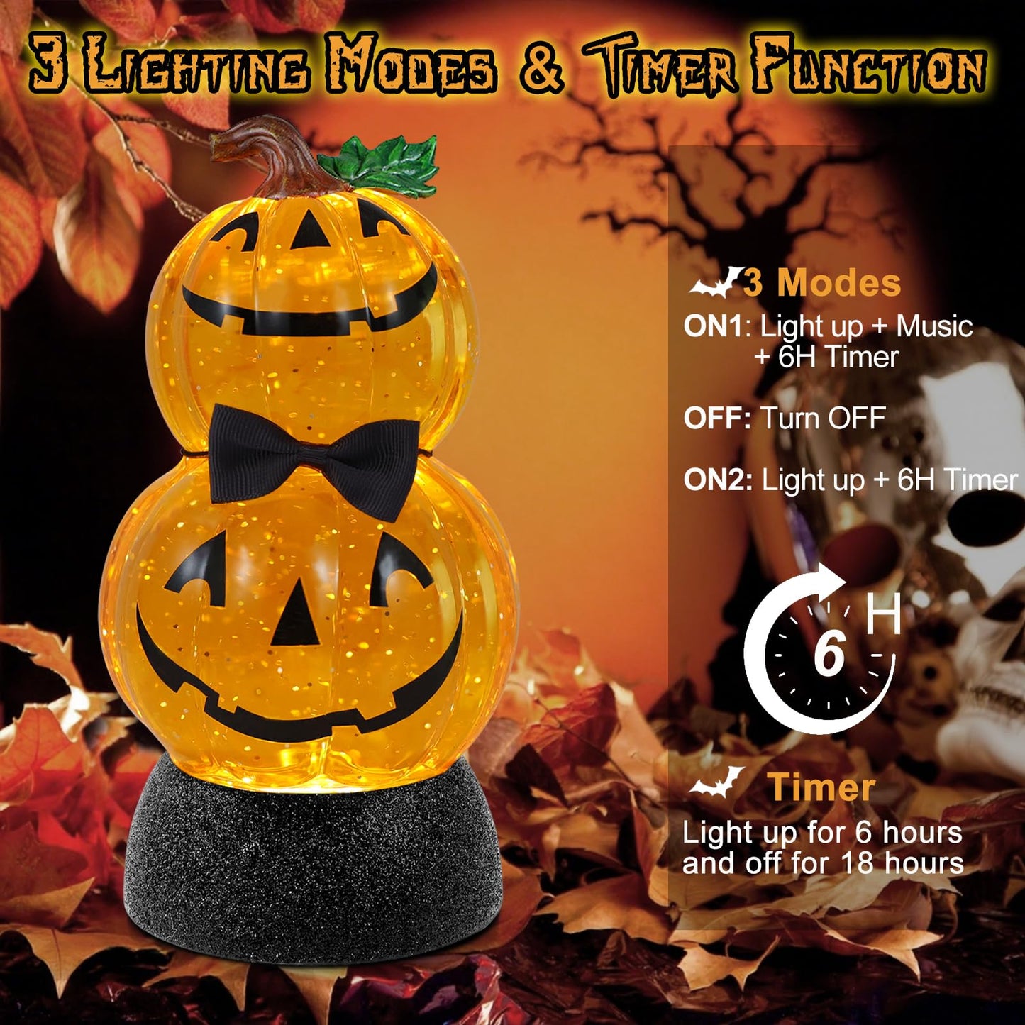 Halloween Snow Globe Lantern Lighted Pumpkin Musical Snow Globe Glitter with 6H Timer Battery and USB Operated Halloween Snow Globes Water Lantern for Spooky Festival Party Decoration (Pumpkin)