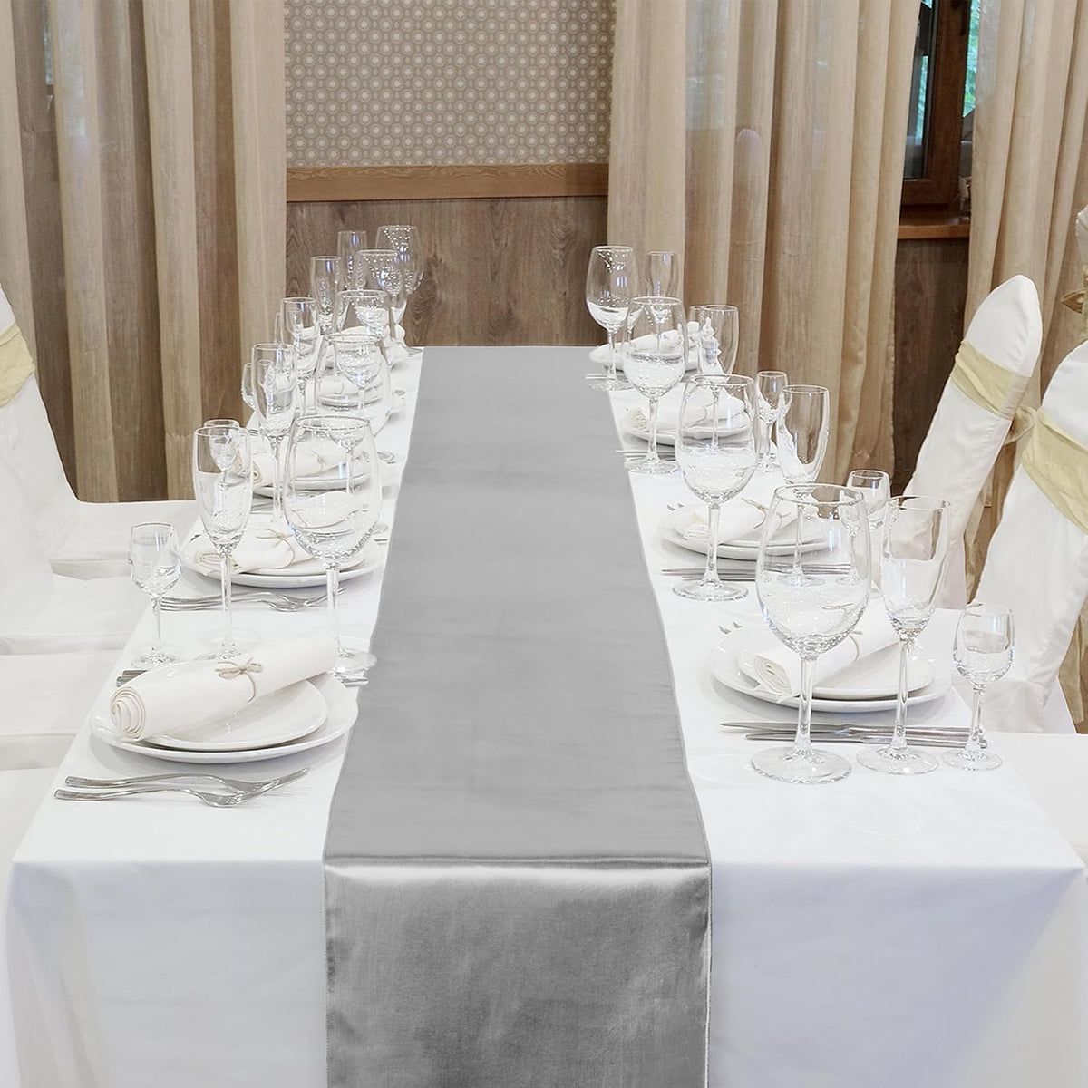 Aneco 16 Pack Satin Table Runner 12 x 108 Inch Silver Long Wedding Satin Silk Table Runner for Wedding Banquet Graduations Birthday Party Decoration