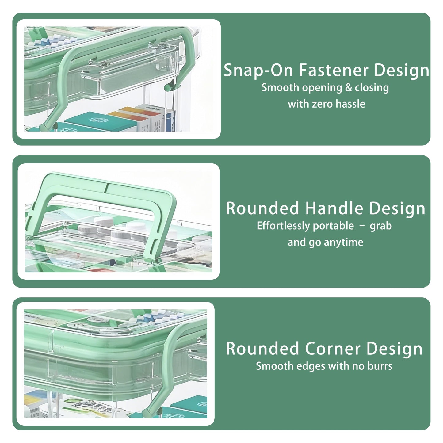 UFI Clear Medicine Storage Box with Lids, 2 Pack Portable First Aid Organizer with Handle, Stackable Storage Containers for Family Medical Supplies, Bathroom, Bedroom, Office(GREEN)