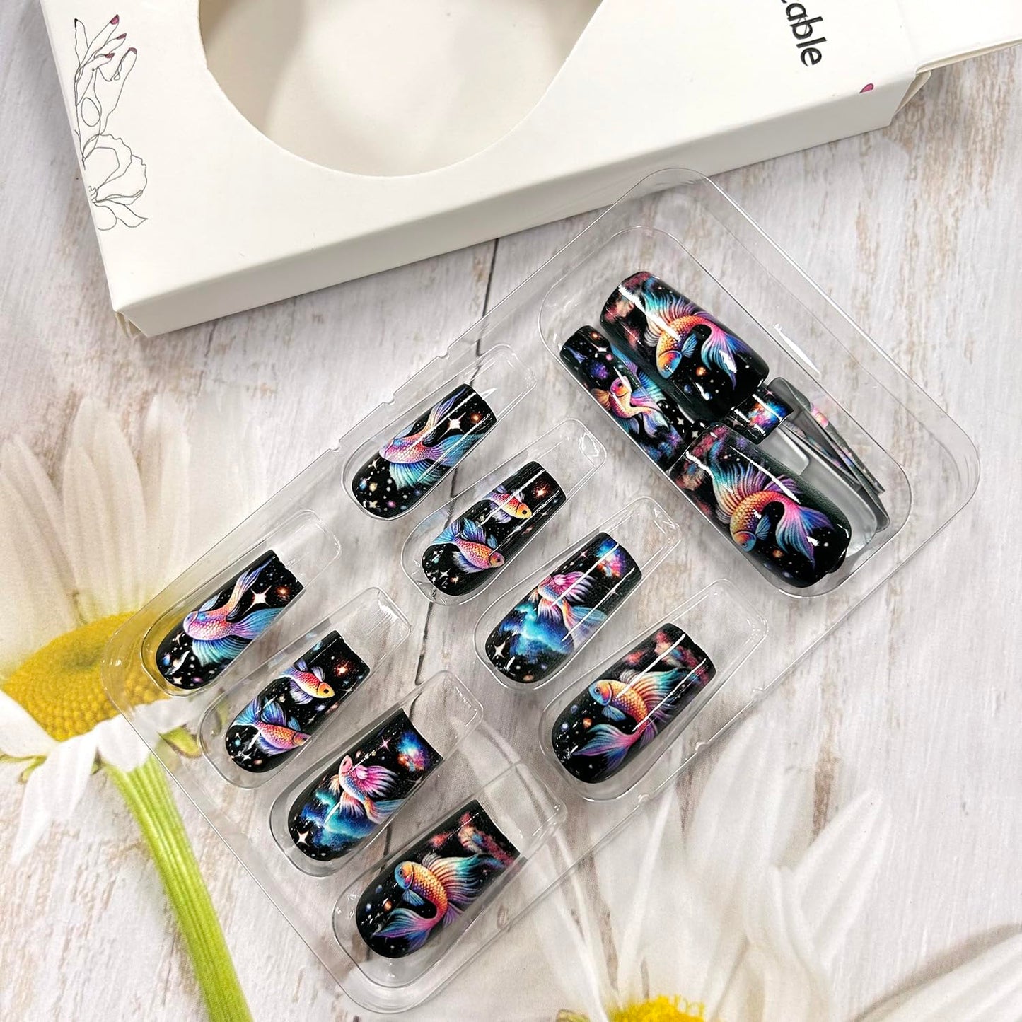 Mermaid False Nails Press on Nails Medium Square Naills Gradient Fish and Starry Sky Design Artificial Coffin Nails Stars Fake Nails Full Cover Stick on Nails Glossy Glue on Nails for Women 24Pcs