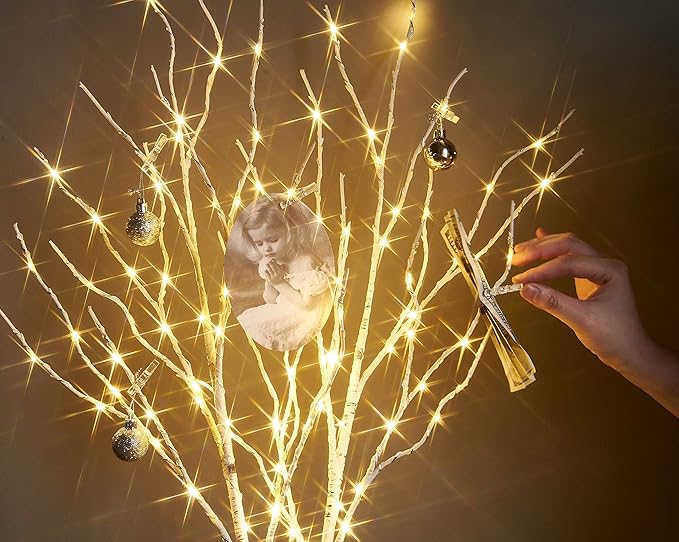 LITBLOOM Lighted White Birch Willow Branches with Timer Battery Operated Set of 2, Tree Branch with Warm White Lights for Holiday and Party Decoration 30IN 100 LED Waterproof