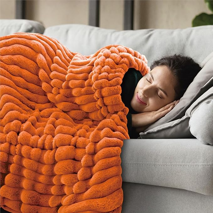 INFIIXSO Sherpa Throw Blanket for Couch - Super Soft & Warm Striped Fleece Blanket, Cozy Plush Fluffy Blanket All Season Use (Burnt Orange, 60x80 Inches)