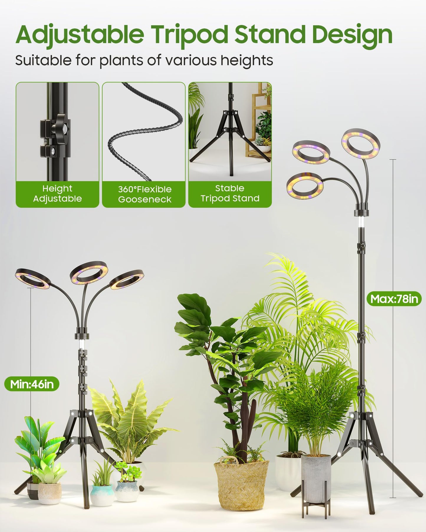 Tmsluody Grow Lights for Indoor Plants, Full Spectrum LED Plant Light with Tripod Stand, Plant Growing Lamps with Timer 3/9/12H, 3 Color Modes, 6 Brightness, 78'' Adjustable Height for Large Plants