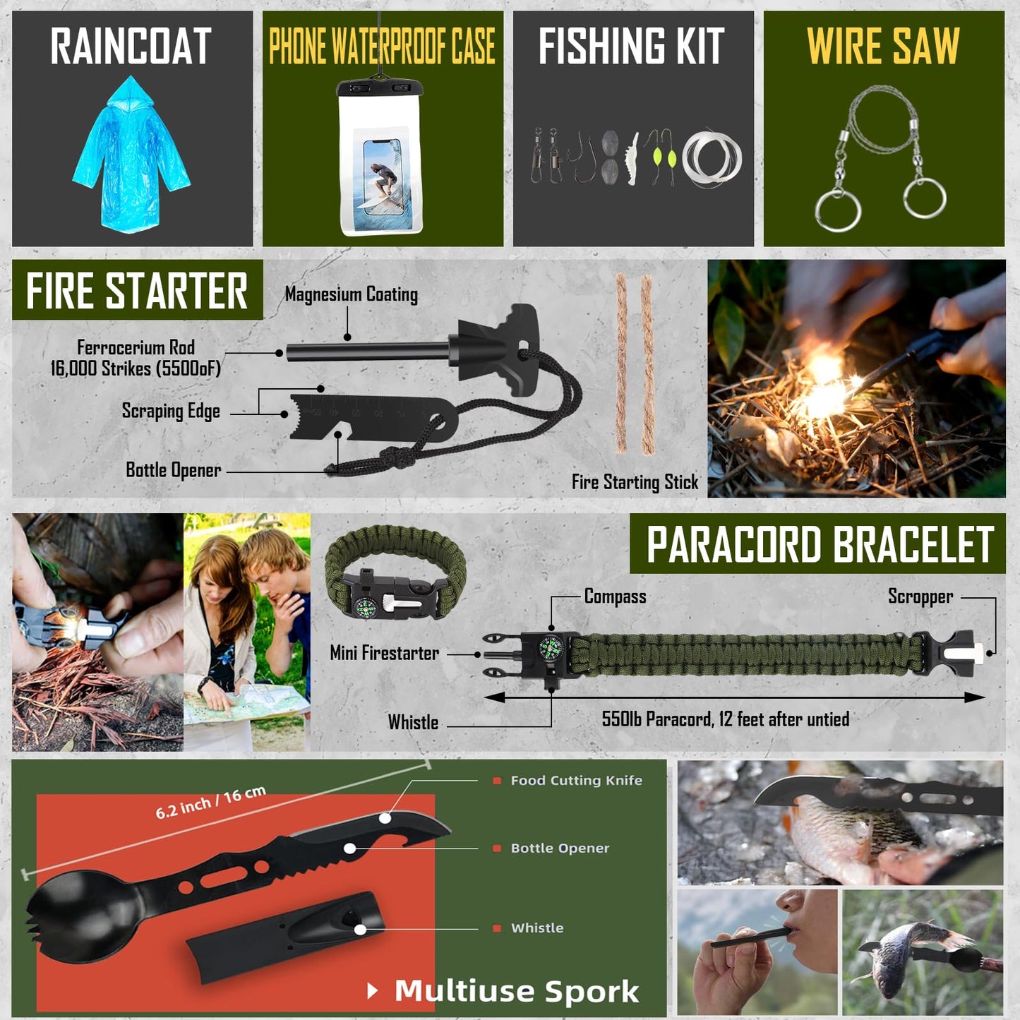 Survival Kit, 268 Pcs Emergency Survival Gear and Equipment Supplies with First Aid Kit, Camping Axe, Headlamp, Crossbody Bag for Camping Hiking, Hunting, Gift for Christmas Men, Dads, Black