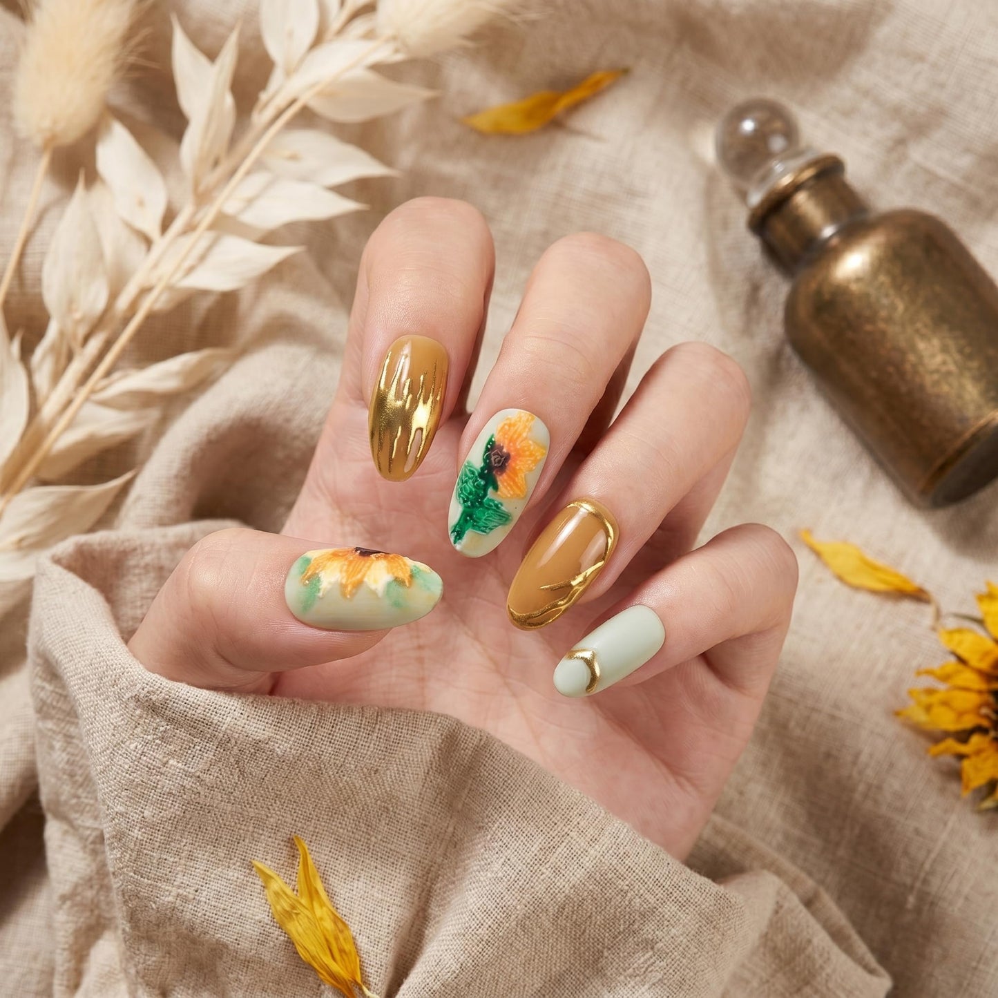 Sun&Beam Nails Handmade Press On Nails Medium Oval Mint Green Caramel Brown Gold Sunflower Floral Design Glossy 10 Pieces for Everyday Wear and Going Out (#022 M)