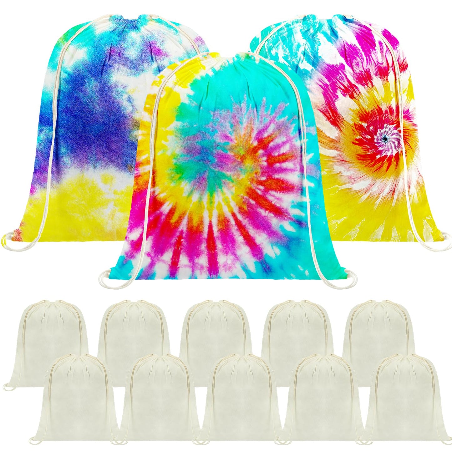 Saintrygo 12 Pieces 12/6 Pcs Tie Dye Cotton Drawstring Bags Sublimation Blank Backpack White Canvas Bags Kid DIY Items for Party Favors (Beige)