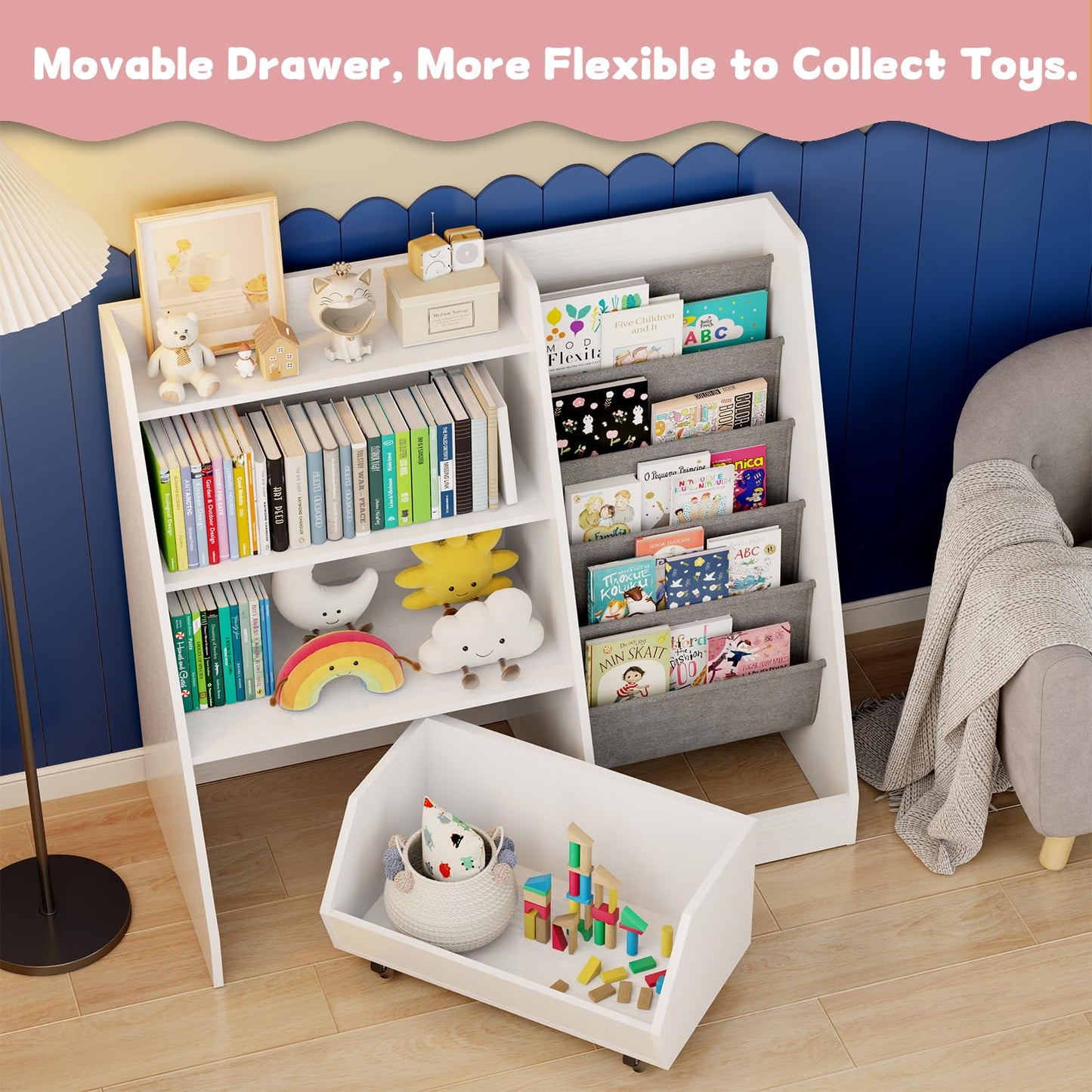 COZPAW Kids Bookshelf and Toy Storage, 4 Tier Toddler Bookshelf with Movable Drawer (White)