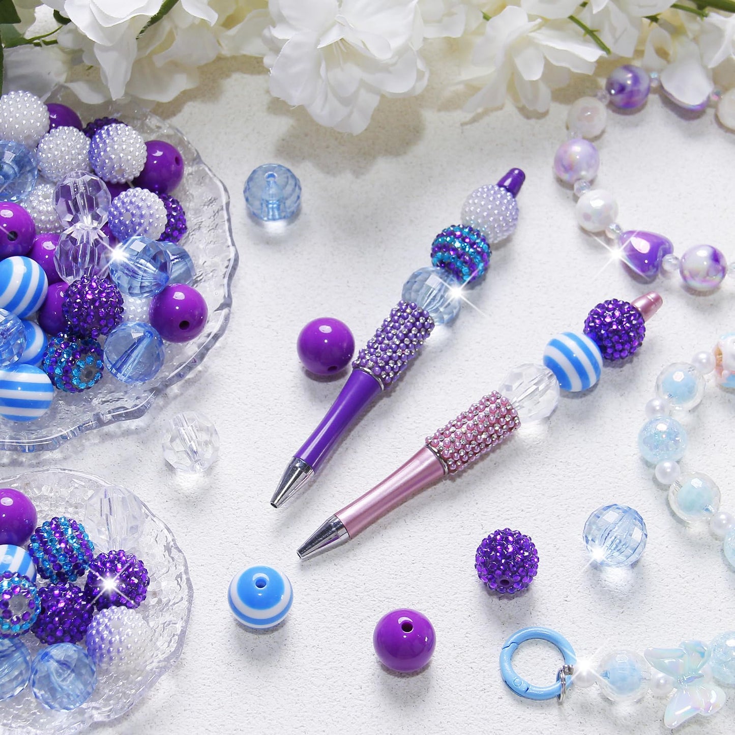 48 Pcs 20mm Beads for Pens Rhinestone Bubblegum Beads Blue Purple Crystal Acrylic Round Chunky Bead Sparkly Craft Large Balls Bead for Pen Beadable Keychain Bracelet DIY Jewelry Making Supplies