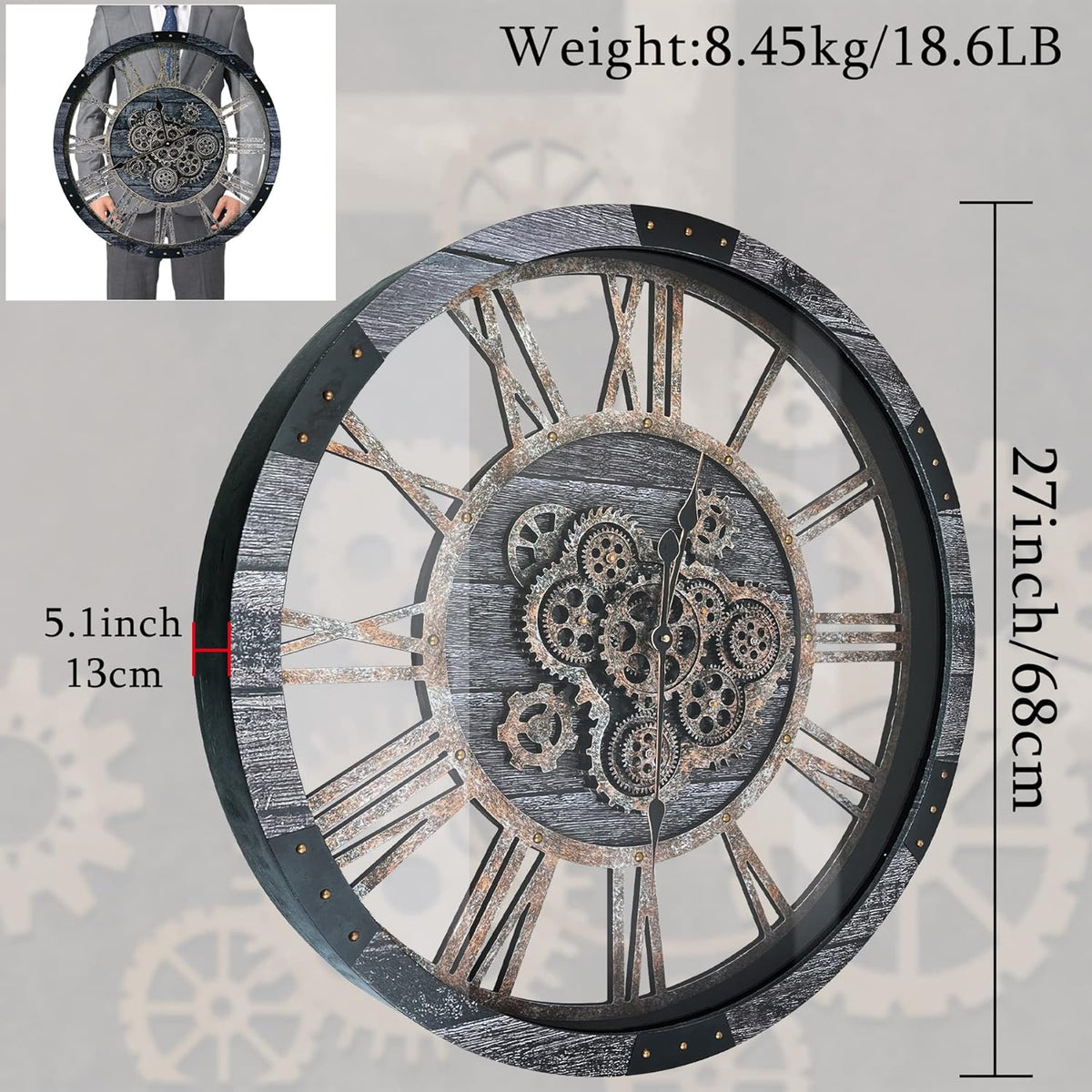 27 Inch Moving Gear Wall Clock, Oversized Wall Clocks, Clock Living Room Decor, Solid Wood Frame, Battery Operated, Large Wall Clock with Steampunk Industrial for Fireplace(Gray)