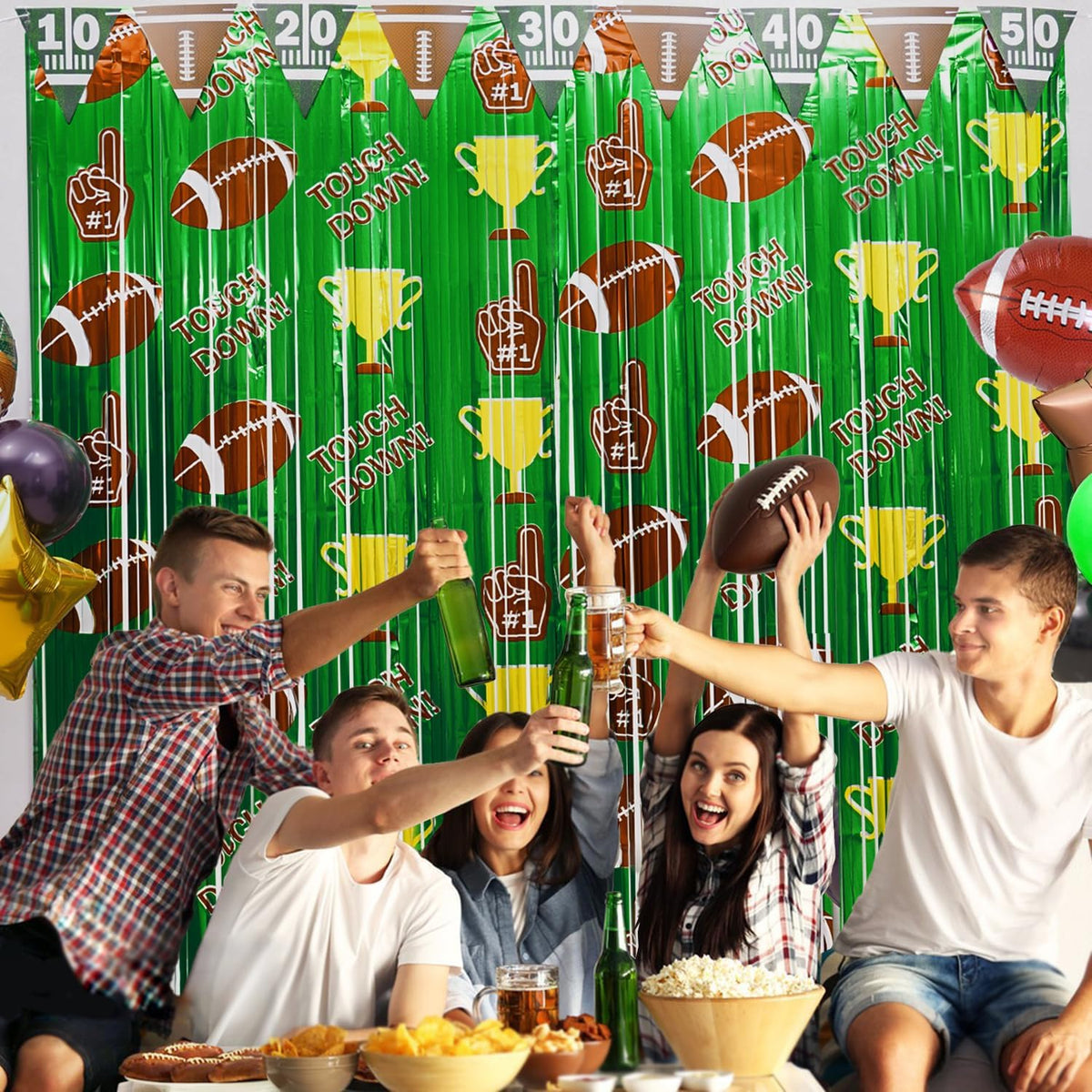 Football Party Decorations, 4 Pack Foil Fringe Curtains, Party Backdrop Streamers, Super Bowl Sunday Night Football Game Day Photo Booth Backdrops Superbowl Party Decorations