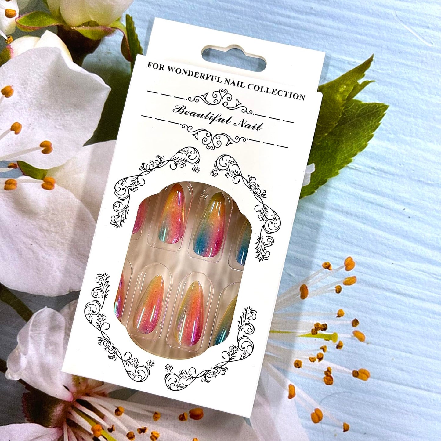 CJDLTS Almond Press on Nails Medium Colorful Plating False Nails Glossy Reusable Full Cover Coffin Nails Acrylic Artificial Nails Almond Stick on Nails DIY Glue on Nails for Women Manicure Kit 24Pcs