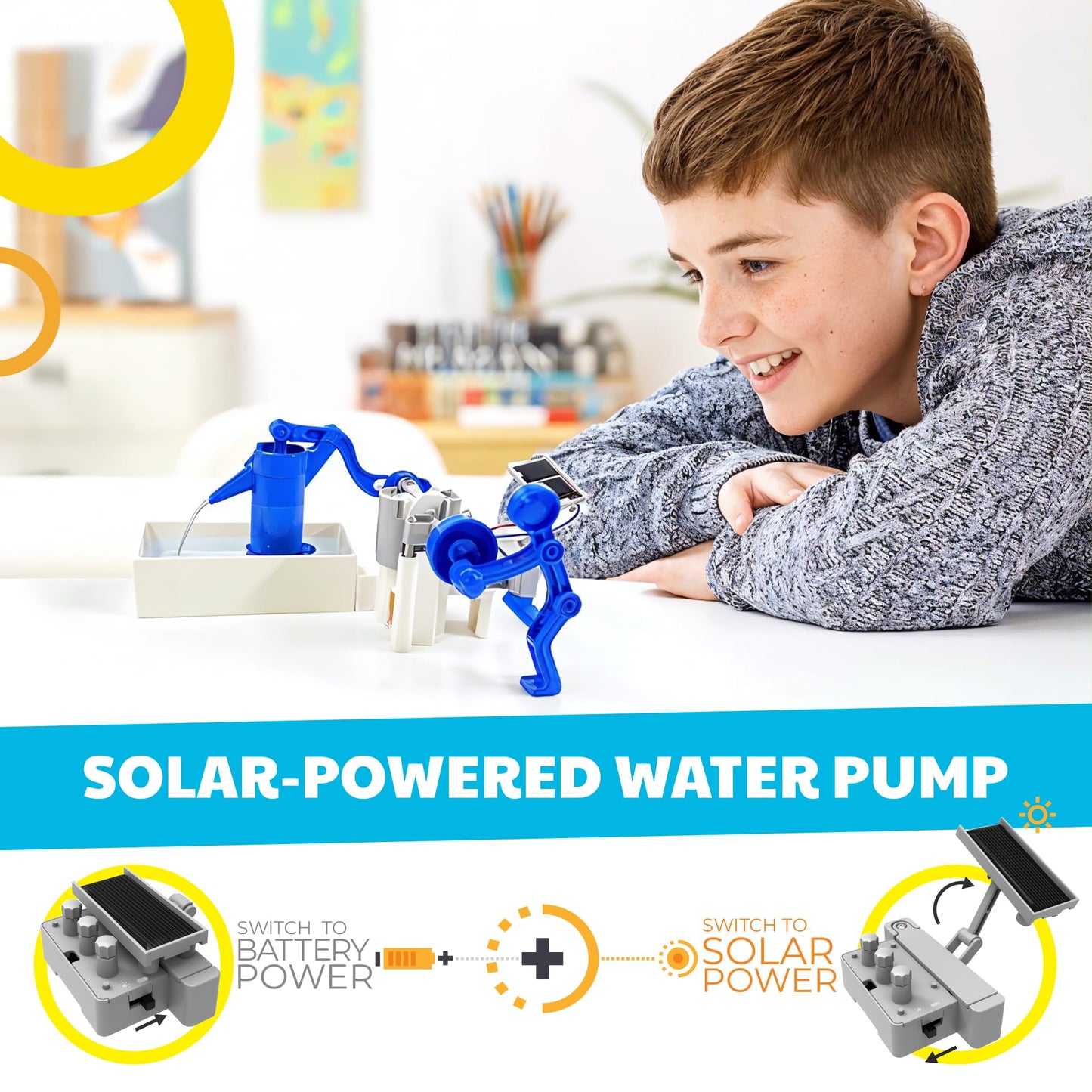 Green Science - Hybrid Solar Power Water Pump - Dual Power STEM Toys Educational Kit for Kids - Solar and Battery Operated Pumping System - Solar Robot - DIY Science Experiment Toy for Learning & Fun