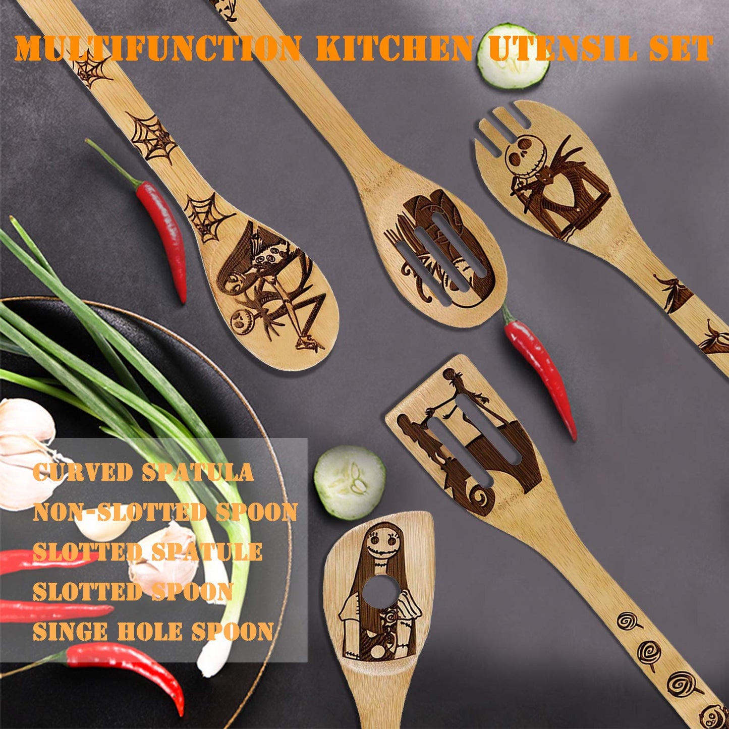 Nightmare Before Christmas Gifts - 5 Pcs Wooden Spoons for Cooking,Halloween Kitchen Utensils Set,Cooking Utensils set for Halloween Decor
