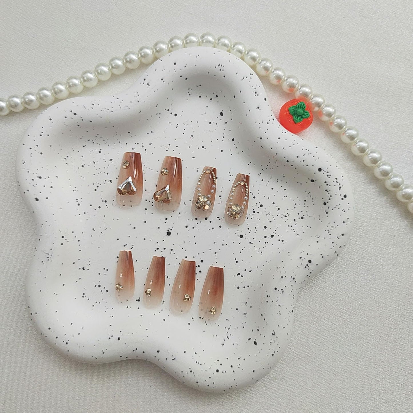 Medium Press on Nails Coffin Fake Nails with 3D Rhinestones Pearl Charms Designs Brown Nails Press ons Gradient False Nails for Women 24Pcs
