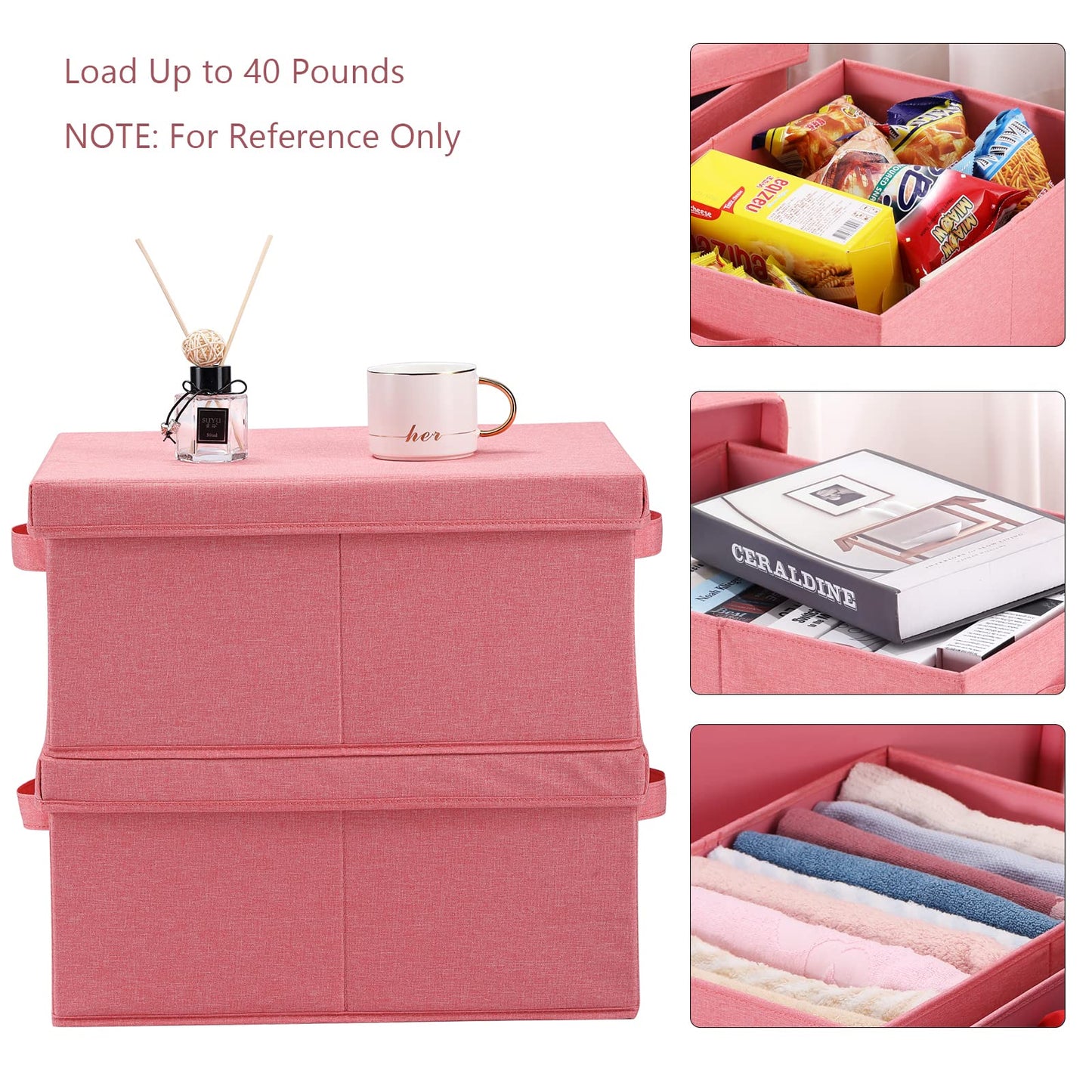 HOONEX Linen Foldable Storage Bins with Lids, 2 Pack, Storage Boxes with Carrying Handles and Sturdy Heavy Cardboard, 16.5" L x 11.8" W x 7.5" H for Shoes, Books, Clothes, Nursery, Pink