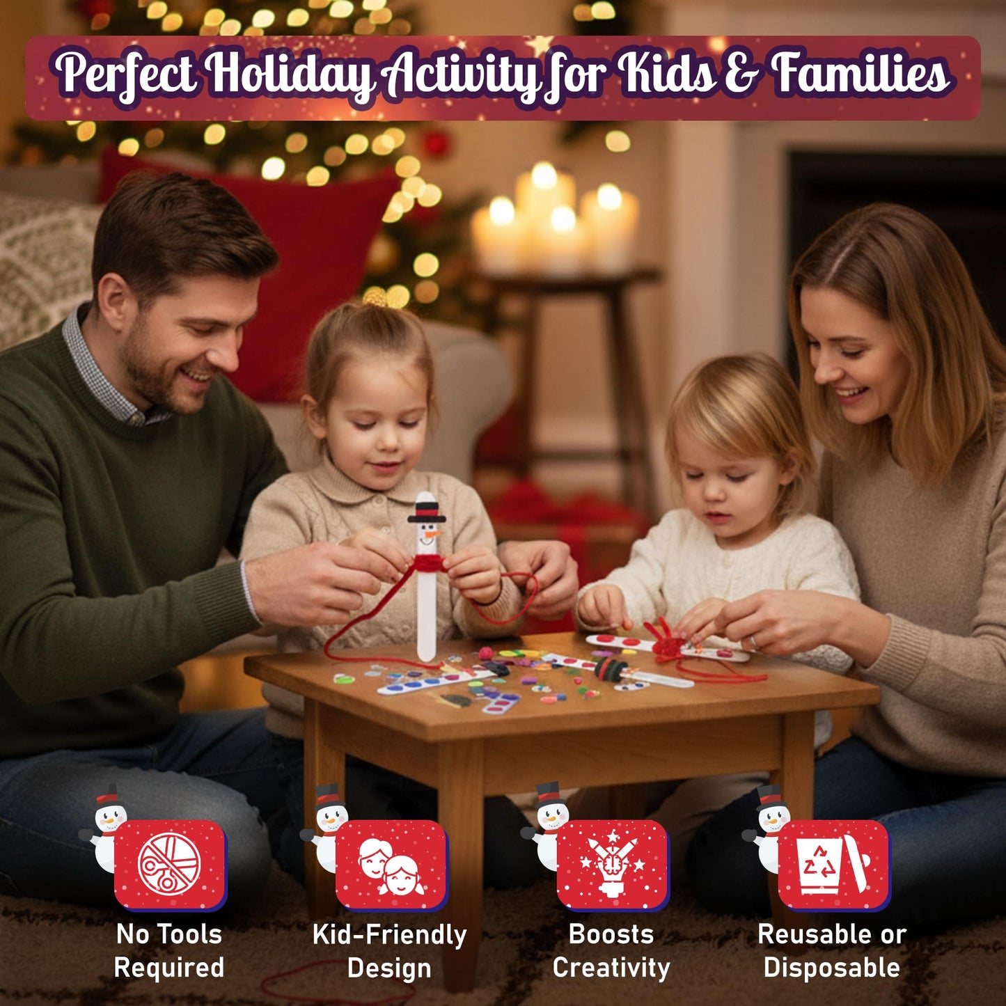 4E's Novelty Christmas Snowman Stick Ornament Craft Kit (12 Pack) Bulk Christmas Crafts for Kids Toddlers 3-4 4-8 DIY Winter Arts and Craft Kit Activity Project