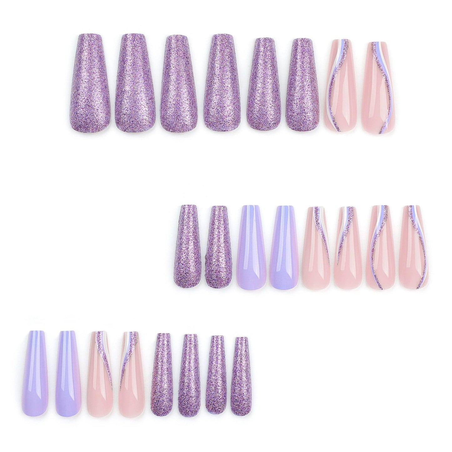 Long Press on Nails Coffin Fake Nails Purple Glitter False Nails with Swirl Designs Nails Press Ons 24Pcs Glossy Long Ballerina Full Cover Acrylic Stick on Nail for Women