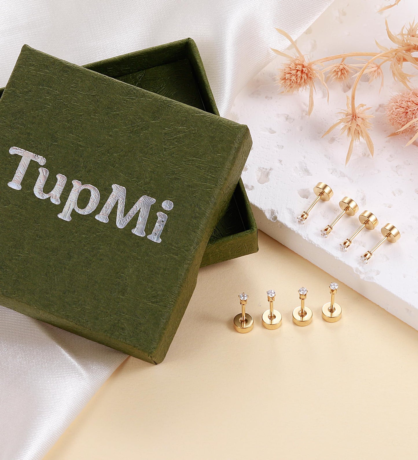 TUPMI 4Pairs 2MM Flatback Stud Earrings for Women Girls Tiny CZ Stud Earring Stainless Steel Hypoallergenic Handmade Screw Back Earrings Set