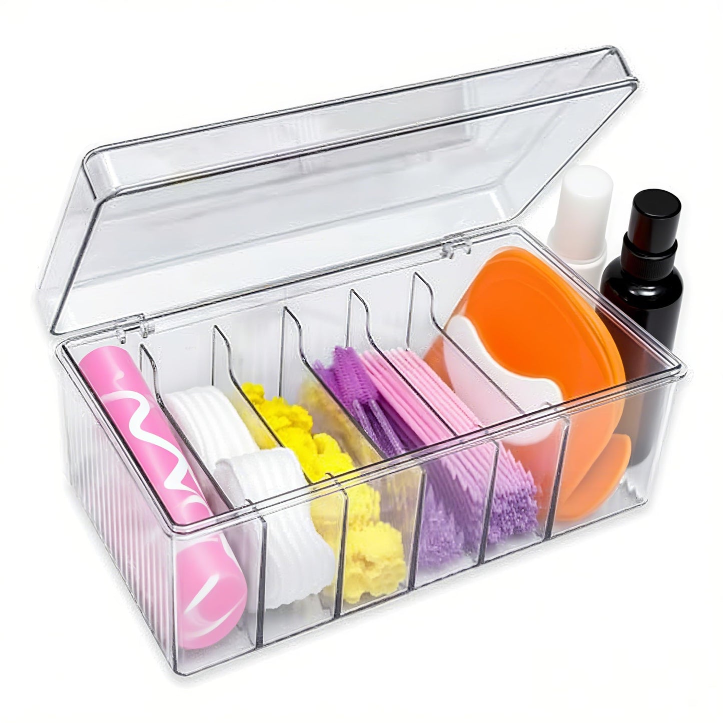 EOREA Acrylic Lash Extension Organizer with Lid, 6 Compartment Lash Cart Storage for Lash Techs, Clear Secure Lid Eyelash Supplies Organizer for Salon & Home Use