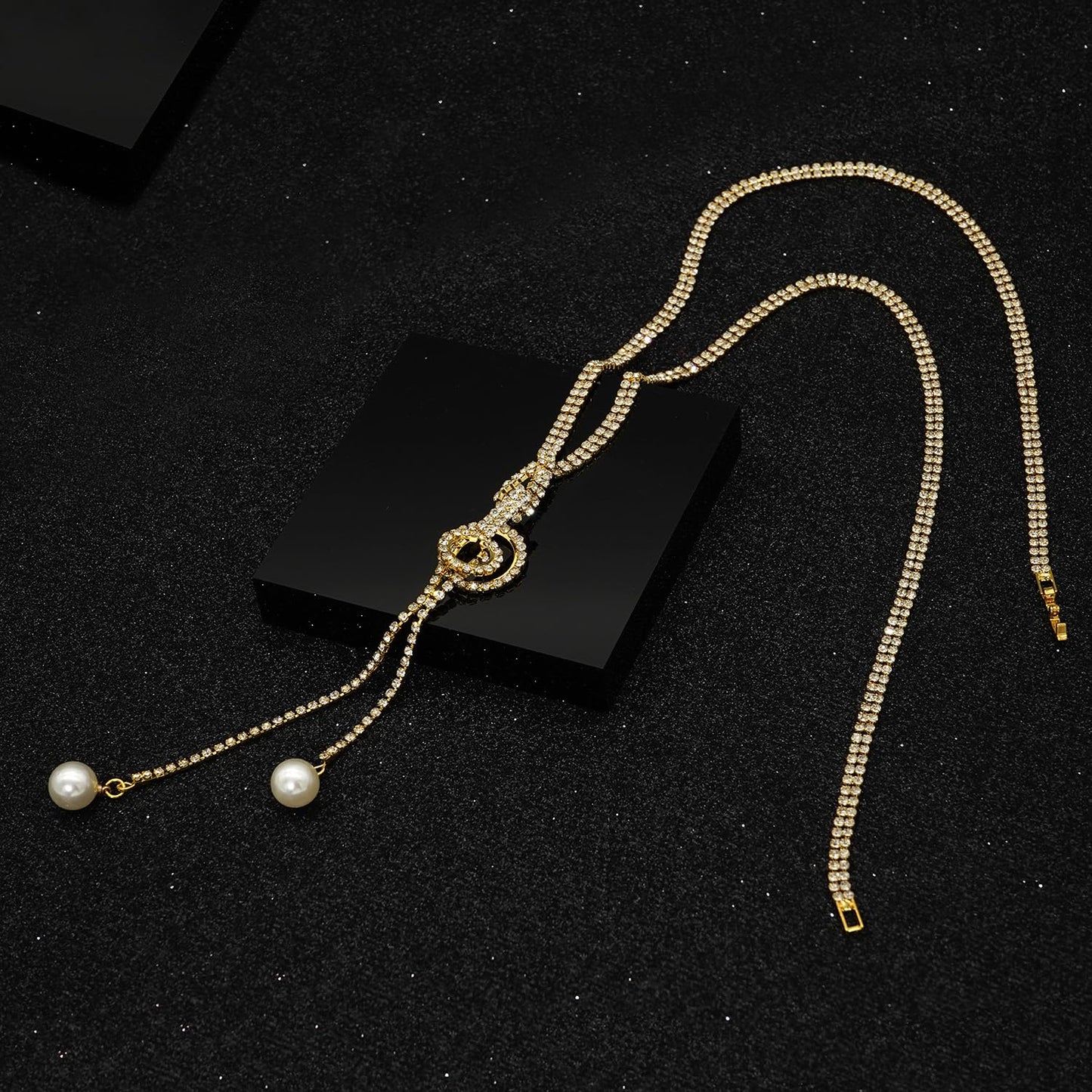 Suyi Trendy Crystal Long Necklace All-Match Style Shining Clothing Sweater Chain Pearl Gold 2