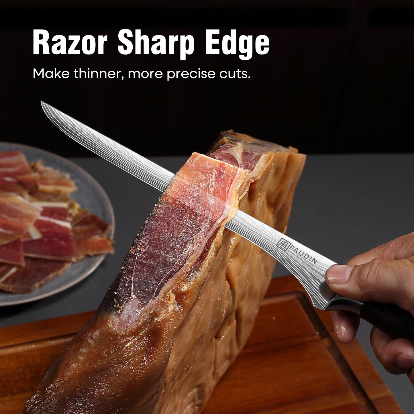 PAUDIN 10 Inch Ham Slicing Knife, Professional Carving Knife for Meat, High Carbon Stainless Steel, Ergonomic Pakkawood Handle with Sheath, Ultra Sharp Blade for Prosciutto/Jamon Serrano, Gift Box