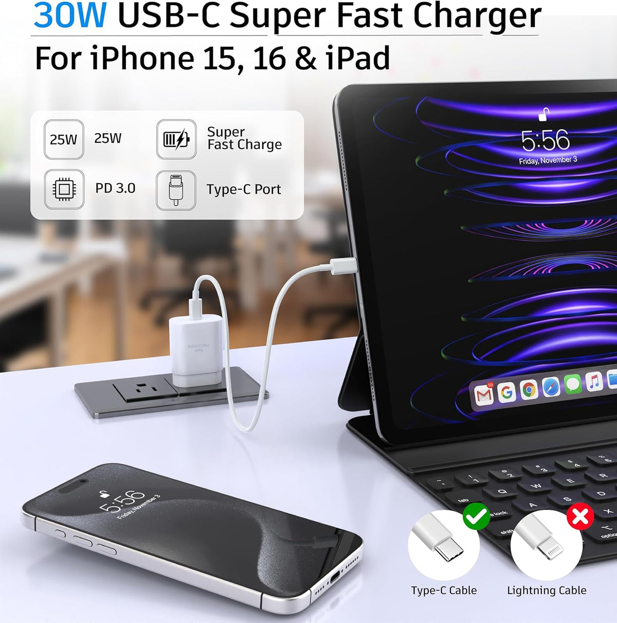Phone 15 16 Charger, 30W Super Fast Charging, USB C Block Type C Cable Cord 6.6ft for iPhone iPhone 16,16 Plus,16 Pro,16 Pro Max, iPhone15, iPad Pro 12.9/11, Samsung Galaxy S24,S23-2Pack