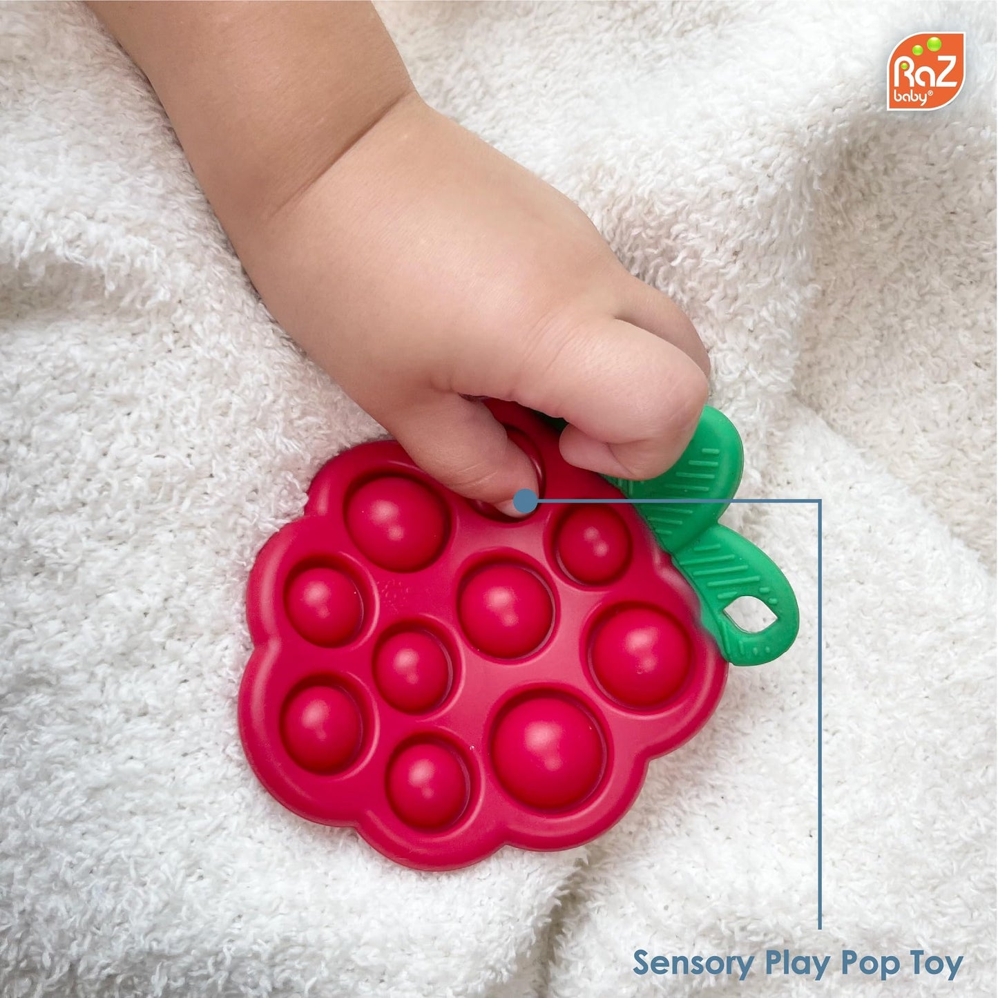 RaZbaby RaZberry Teether 2-Pack (Red/Blue) + RaZberry Pop Teether for Babies 3 Months & Up - BPA Free Silicone - Textured for Sensory Stimulation and Development