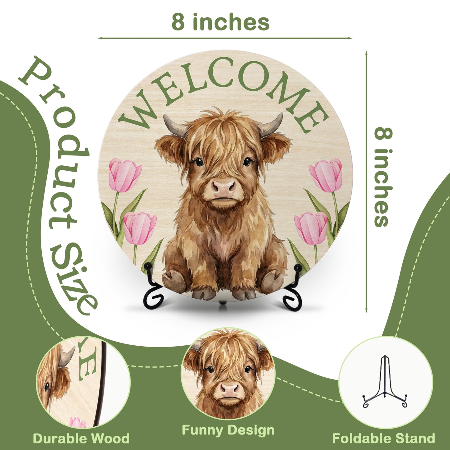 PATCATE Spring Tulip Table Decor for Home Office, 8-In Highland Cow Welcome Signs for Rustic Farmhouse Room Decor, Western Easter Gifts for Women