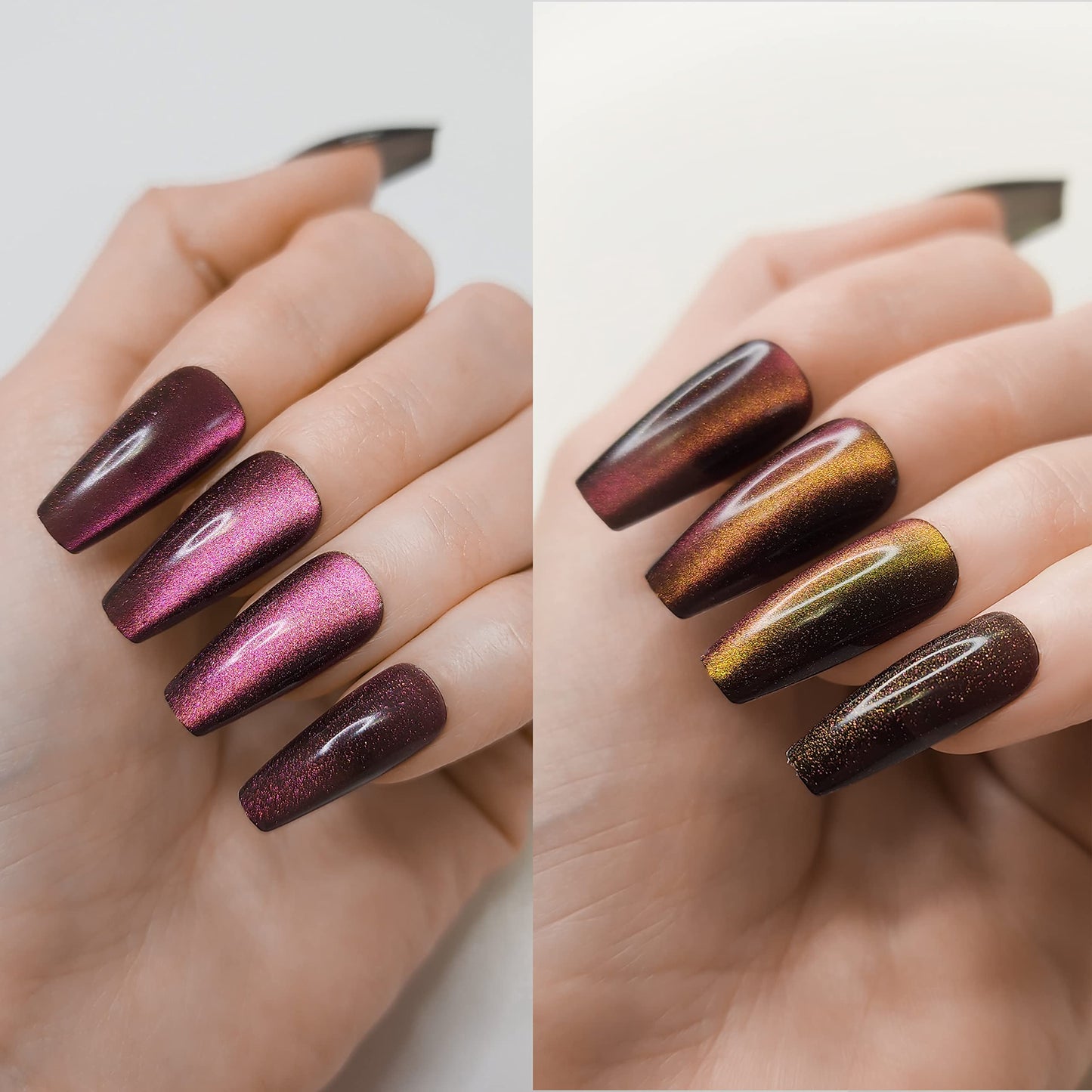 Hypnaughty 24 Pcs Galaxy Cat Eye Effect Magenta Color Changing Glossy And Sparkly Coffin Long Press On Nails With Nail Kit And Glue (Galaxy Cat Eye)