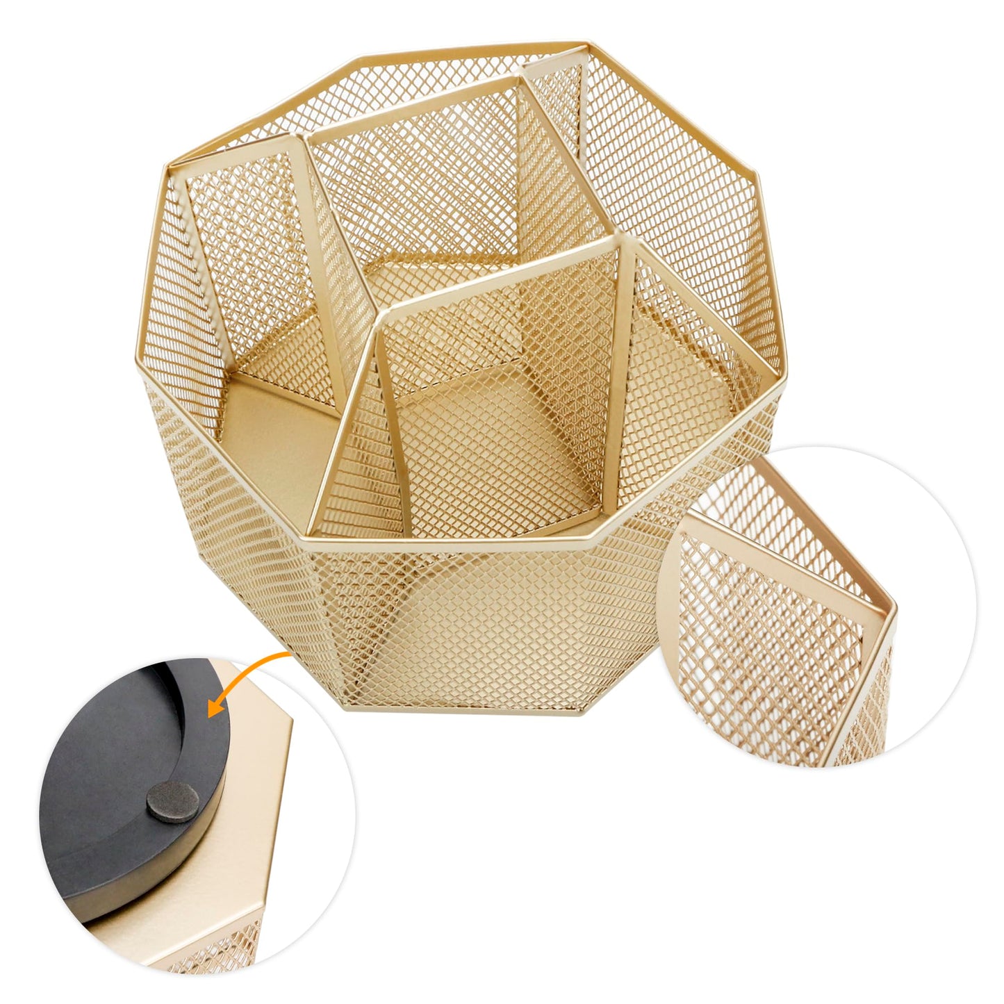 Annova Mesh Desk Organizer Rotate with 5 Compartments Spinning Tidy Candy/Pen Holder Office, Art Supply, Storage, Classroom, Home (Gold)