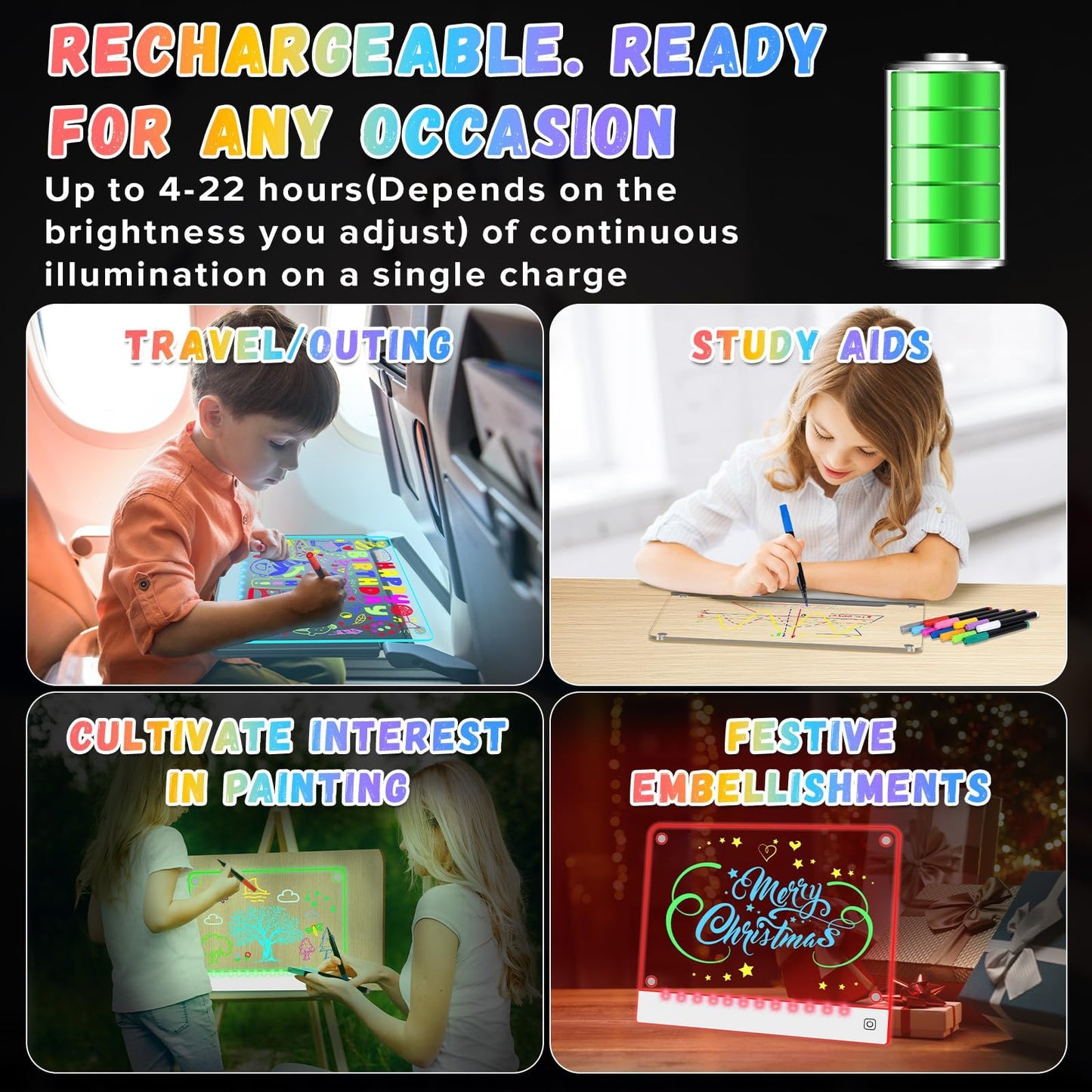 2pack Rechargeable LED Drawing Board for Kids with 7 Colors, Magnetic LED Note Lumi Board with 4 Magnets and Invisible Stand, Light up Acrylic Dry Erase Board Gift Toy for Kids/Girls