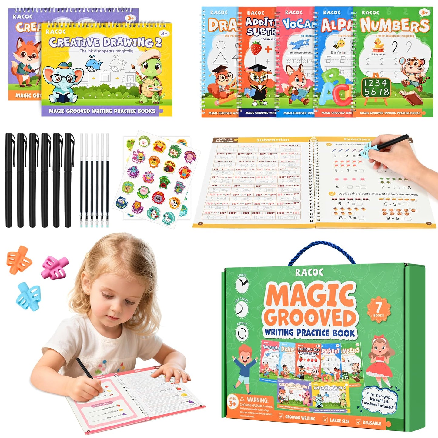 Magic Grooved Writing Practice for Kids, 7 Pack Reusable Grooved Handwriting Workbooks 6 Pens and 6 Refills for Ages 3-5 Kids, Large Writing Practice Books for Preschool Learning Activities