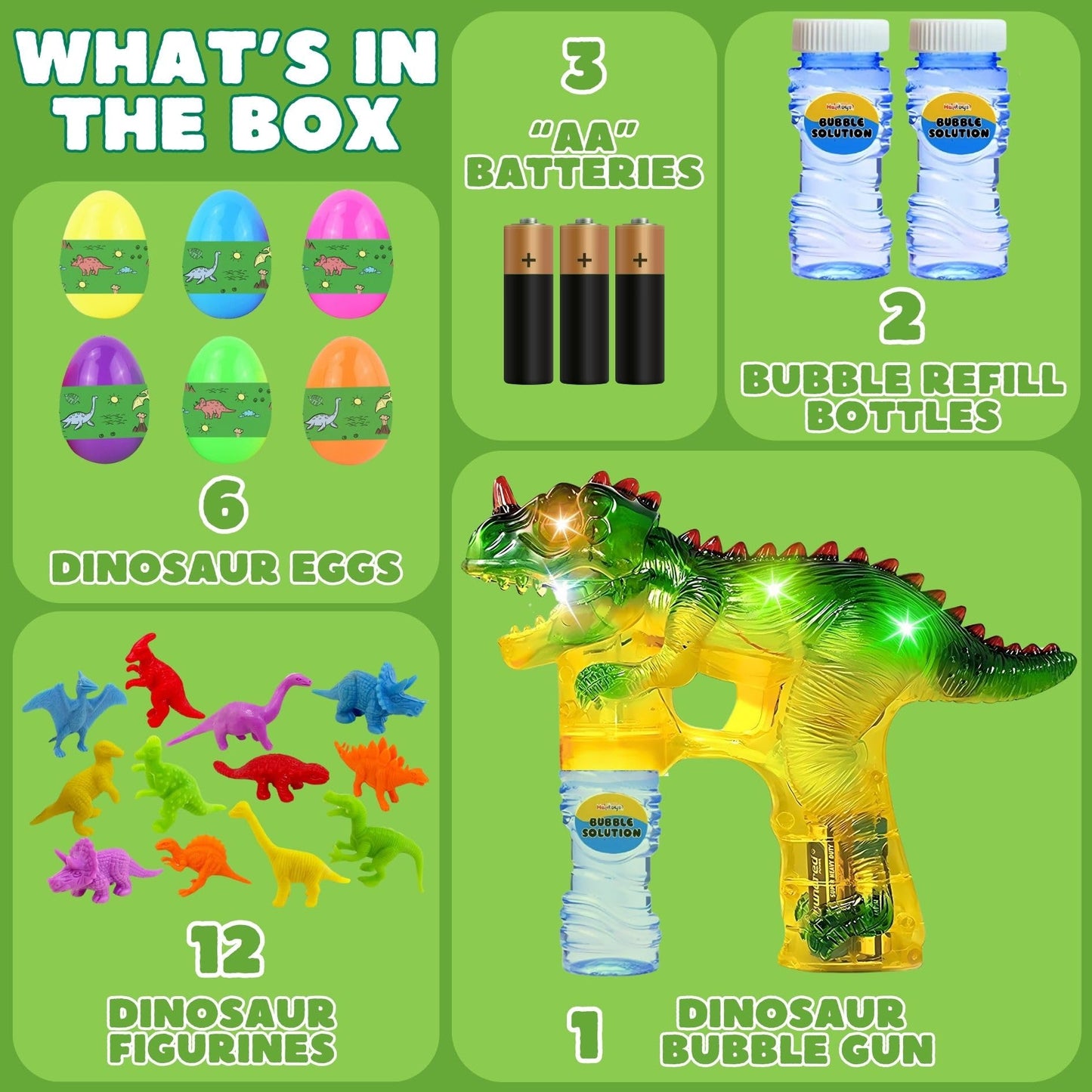 Haktoys Dinosaur Bubble Gun for Kids Automatic Bubble Machine Toy, Outdoor Bubble Maker Blower for Toddlers Boys Girls Backyard Play, 1 Pack with Figurines