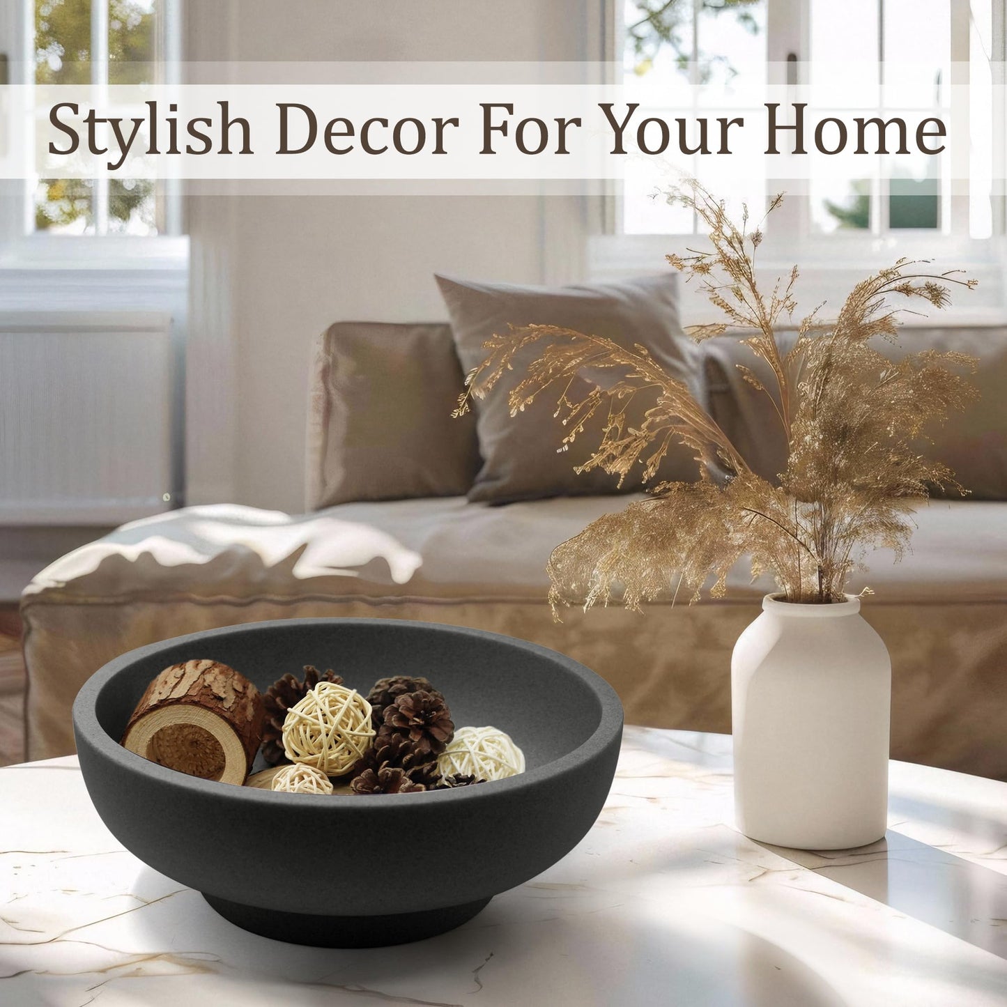 LIN CHUAN Large Decorative Bowl, Fruit Bowl for Kitchen Counter, Modern Resin Bowl for Home Decor, Key Holder for Entry Table, Artificial Stone Black
