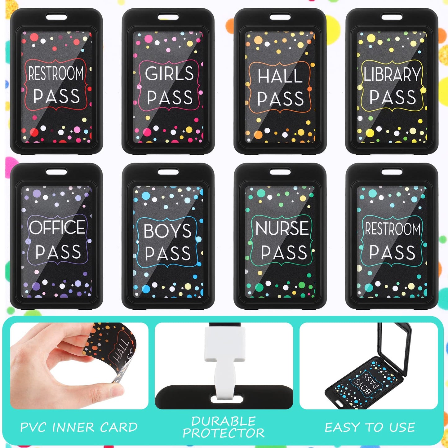 Tatuo 16 Pcs Hall Pass Lanyards Card Passes Set Vertical Bathroom Pass Restroom Unbreakable Gift for Teacher Nurse Library Office(Black)