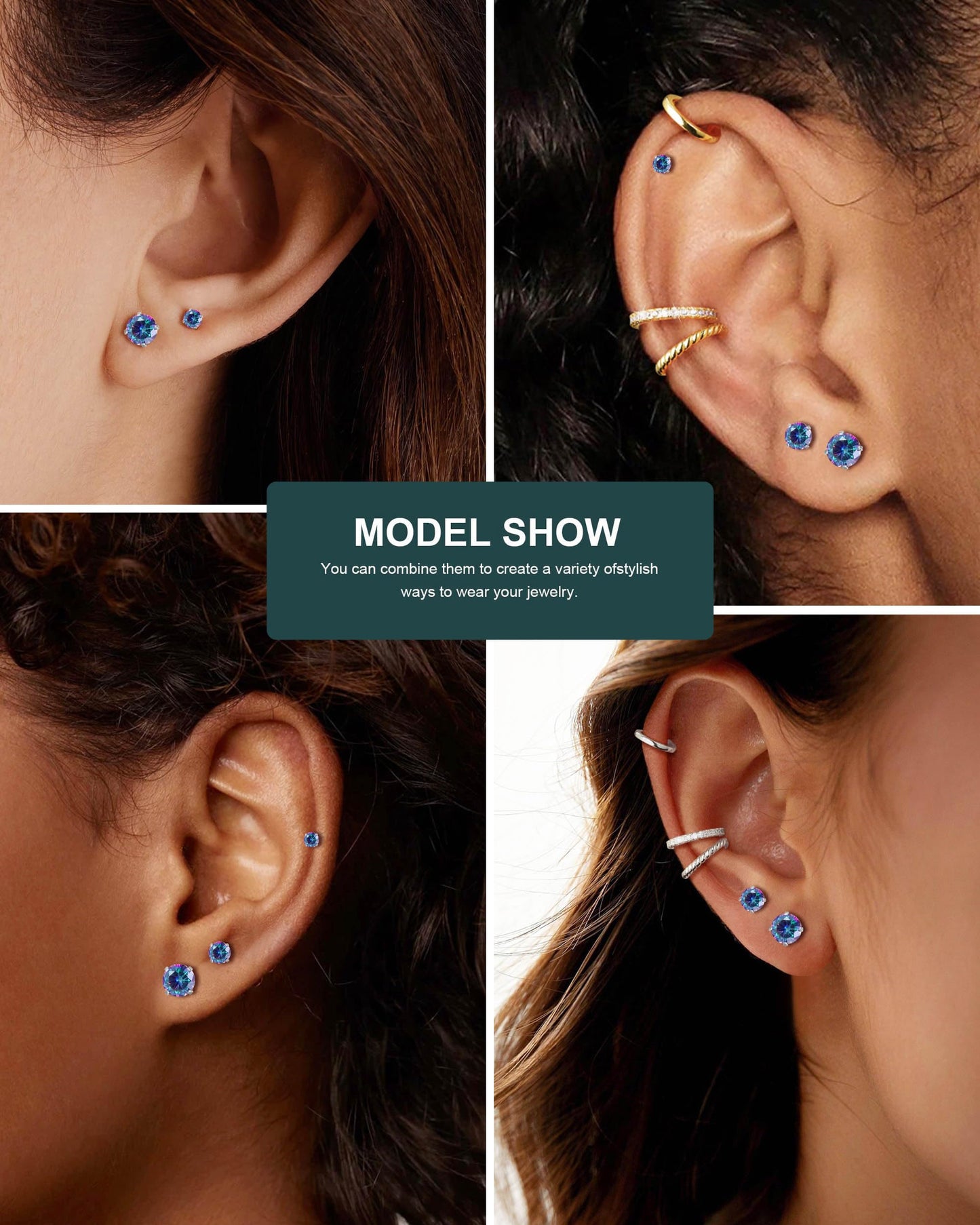 6 Pairs Stud Earrings Set, Hypoallergenic Cubic Zirconia Earrings 316L Stainless Steel CZ Earrings 3-8mm (Rainbow CZ)