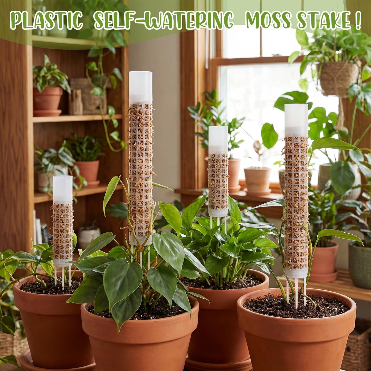 Joyfolk 4 Pack Self-Watering Plastic Moss Stake for Monstera Plant Support Multi-Size Stackable and Refillable Plastic Moss Stakes for Climbing Plants with Large Mesh Design