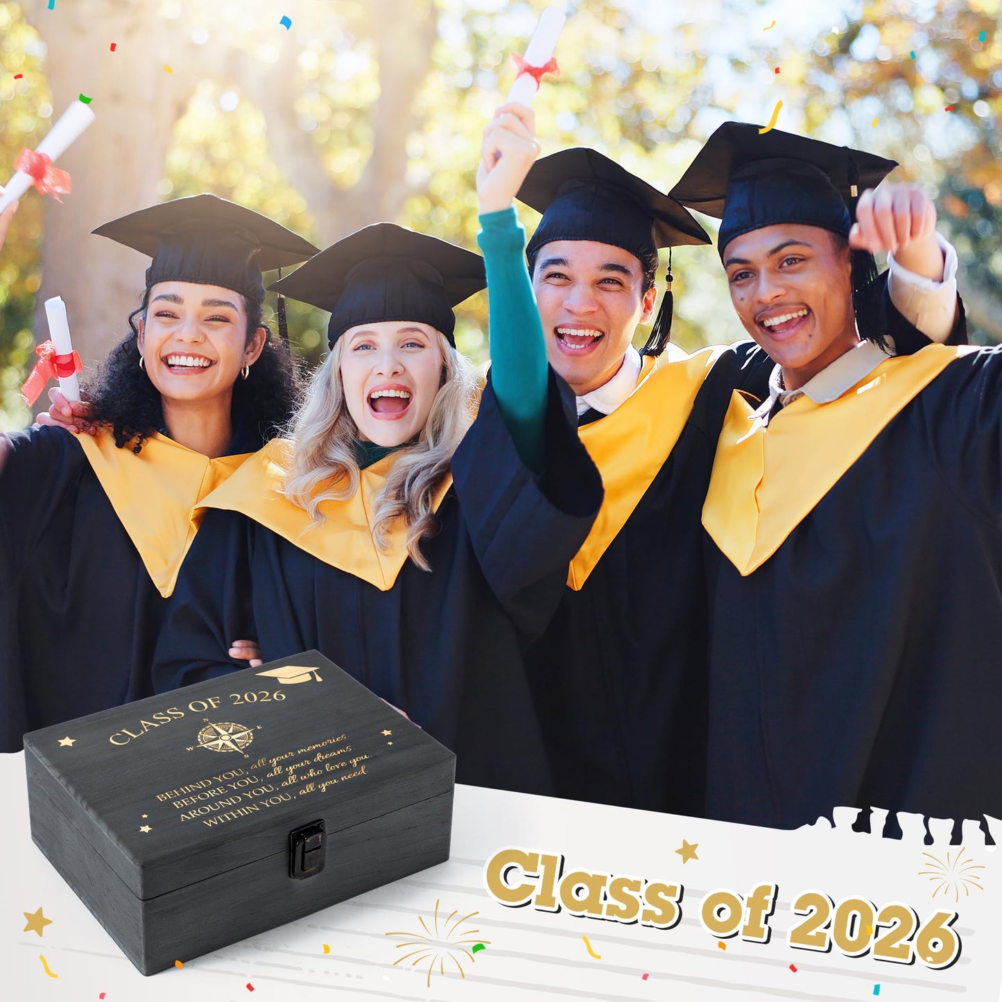 R HORSE Graduation Keepsake Wood Box, Wooden Engraving Memory Box for High School Graduates, Engraved Class of 2026 Graduation Gift for Him Her Memory Storage & Party Favor