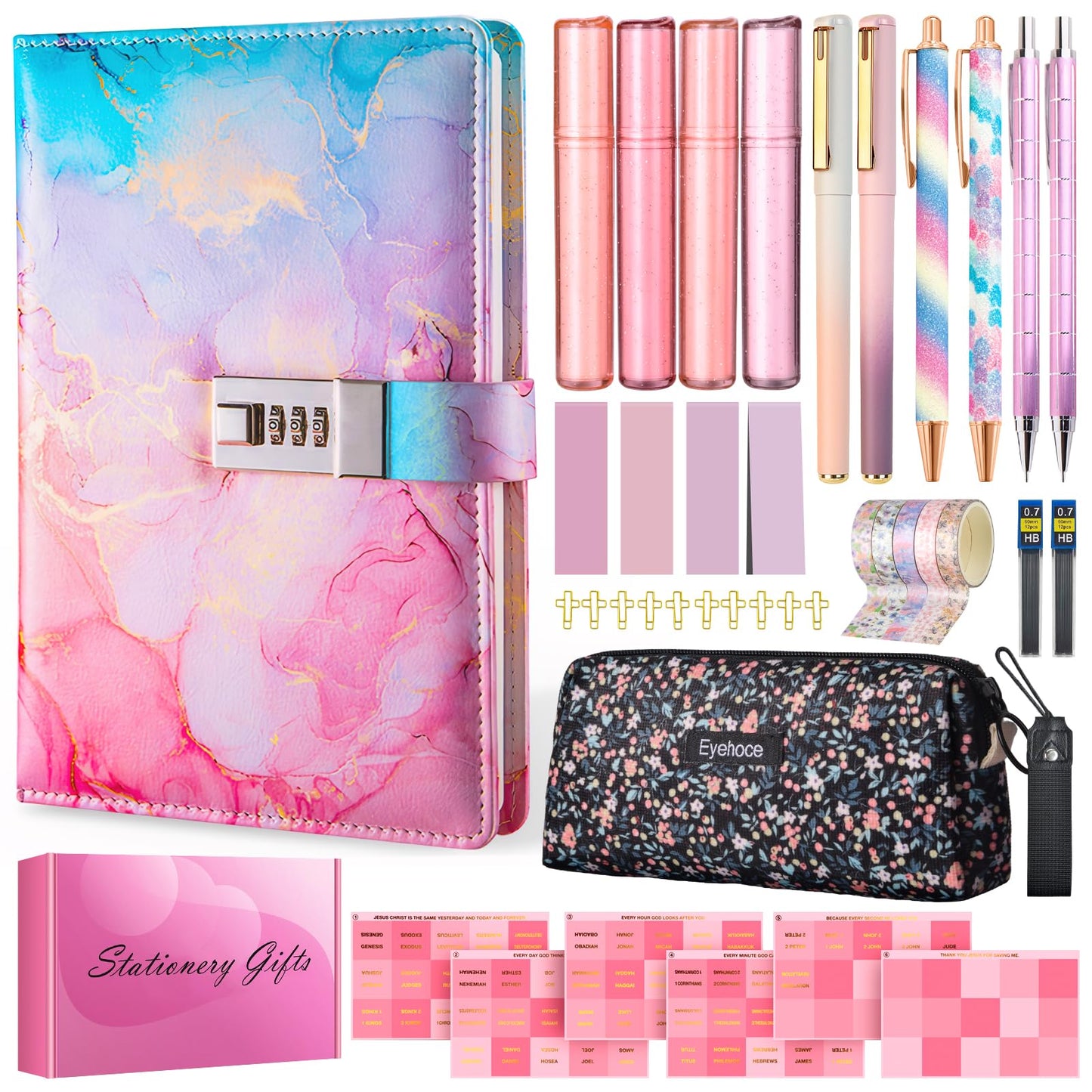 38PCS Cute Stationary Set Bible Journaling Kit with Password Lock Notebook, Pen Case, Mechanical Pencils, Gel Pens, Highlighters, Gift Box & Ballpoint Pens for Study Aesthetic School Supplies