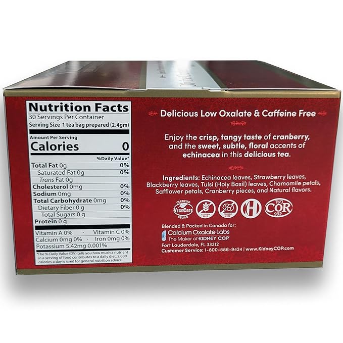 Veloxa™ Very Low Oxalate Tea (30 Pyramid Tea Bags, Devine Cranberry Low Oxalate Echinacea)