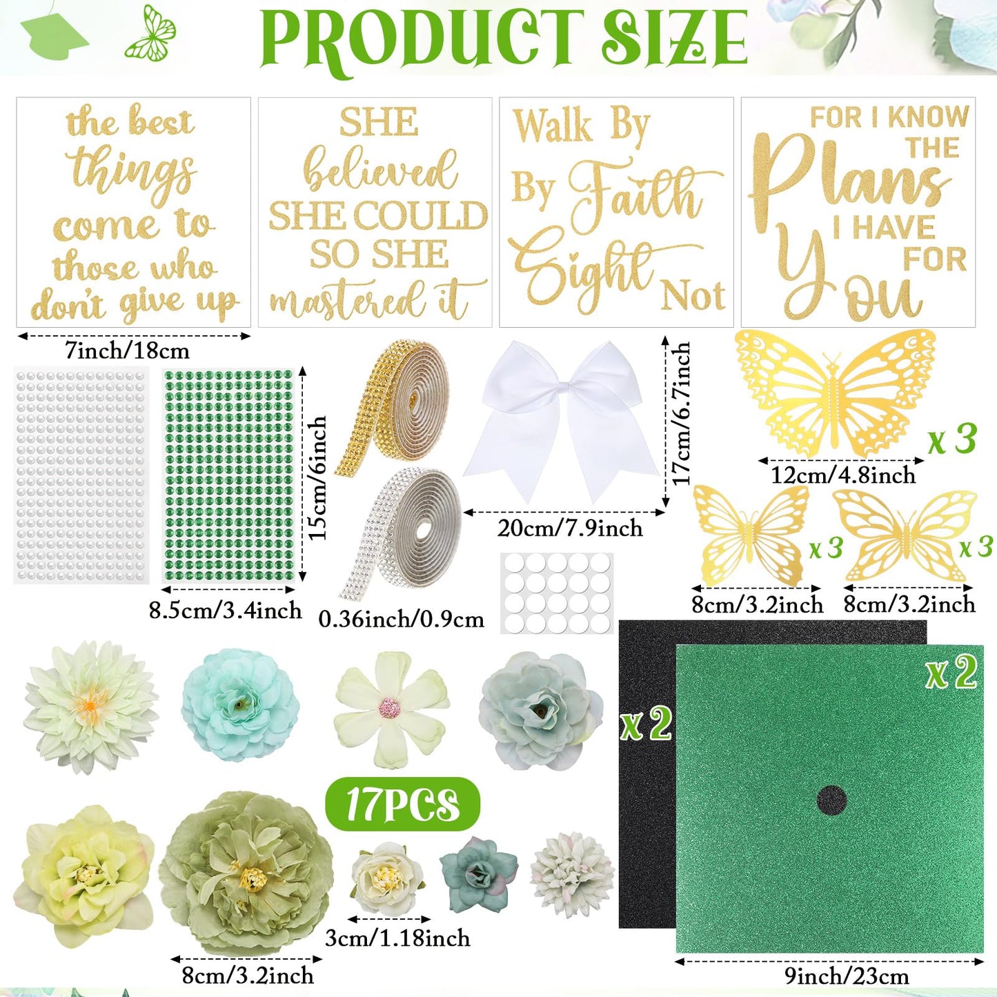 Gersoniel 42 Pcs DIY Graduation Cap Decorations Kit Include Faux Flower Heads Graduation Quote Glitter Sticker Bow 3D Butterfly Rhinestone Pearl Stickers for Grad Cap Topper Decor(Green)