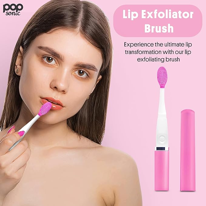 Lip Exfoliator w/AAA Battery (Pink) - Silicone Lip Brush for Dry, Chapped, & Chafing Lips - Soft Bristle Lip Brush Exfoliating Tool for Smooth, Luscious Lips - Lip Products for Women & Men
