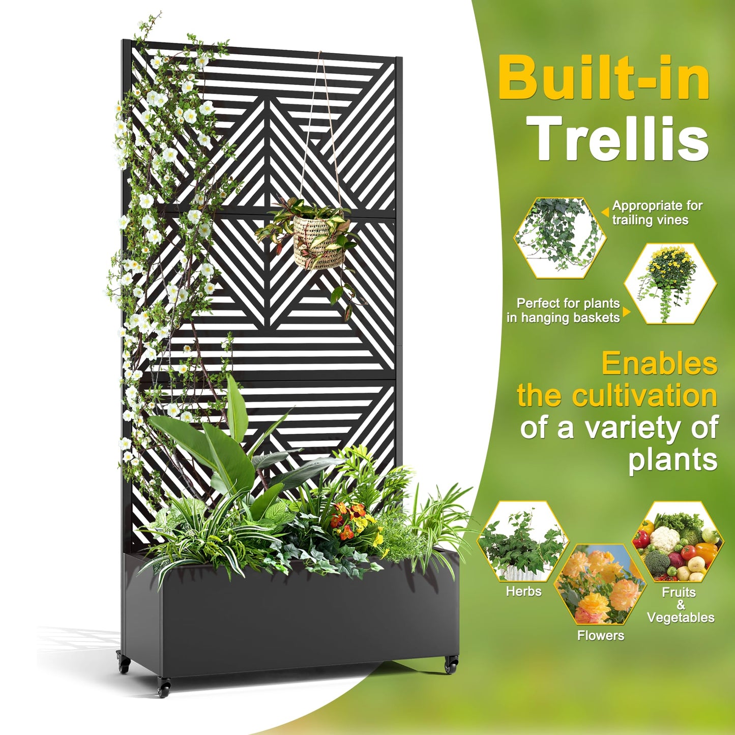 FENCY Metal Raised Garden Bed with Wheels and Trellis,73"x35"x16" Planter Box for Climbing Plants, Vegetables & Vines, Features Privacy Screen and Drainage Holes (Black-Modern)