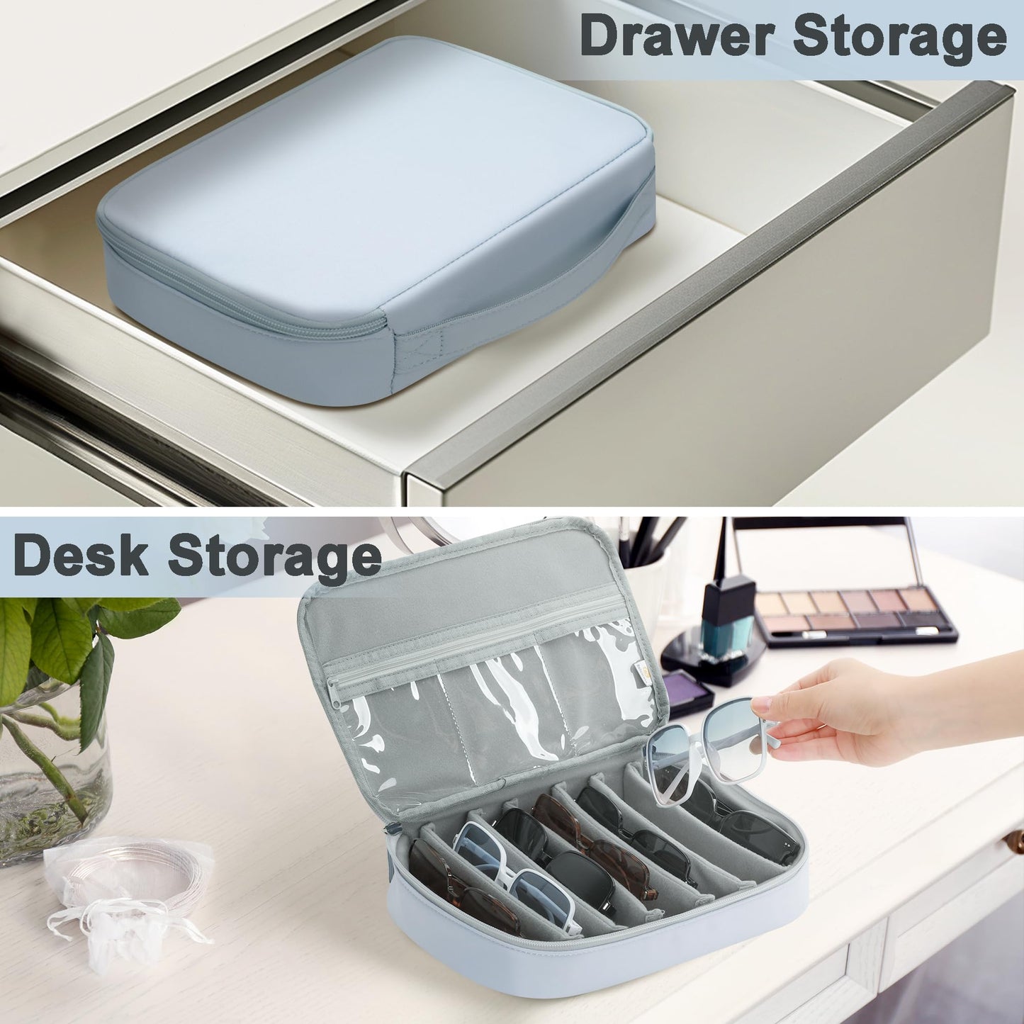 Bellzacasa Travel Sunglasses Organizer Case, Eyeglasses Storage Holder Box with Multiple Pairs Adjustable Slots for Women Men (Grey)